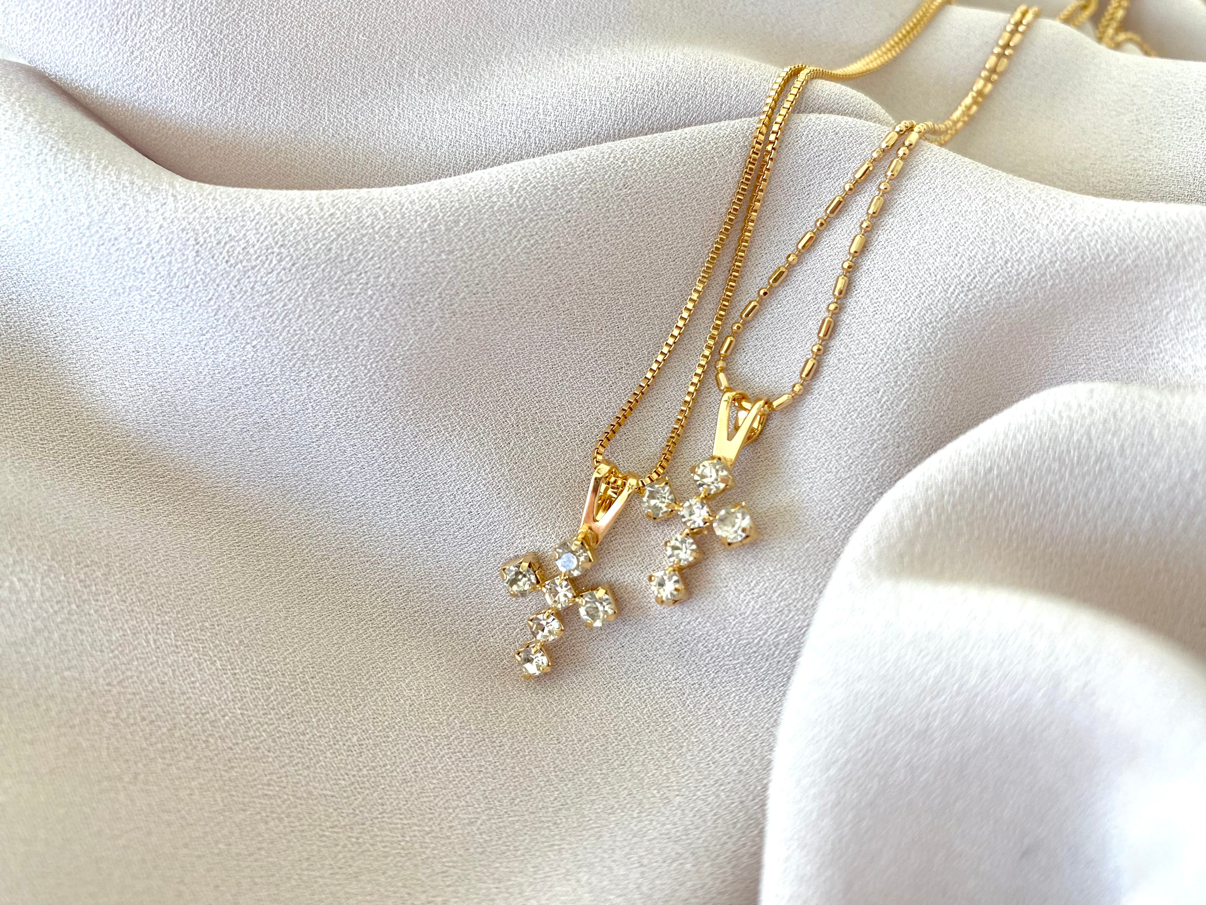 Dainty Cross Necklace Gold Filled Chain Crystal Covered Cross Pendant Pave Cross Charm Christian Jewelry Baptism Christmas Gift CZ Cross