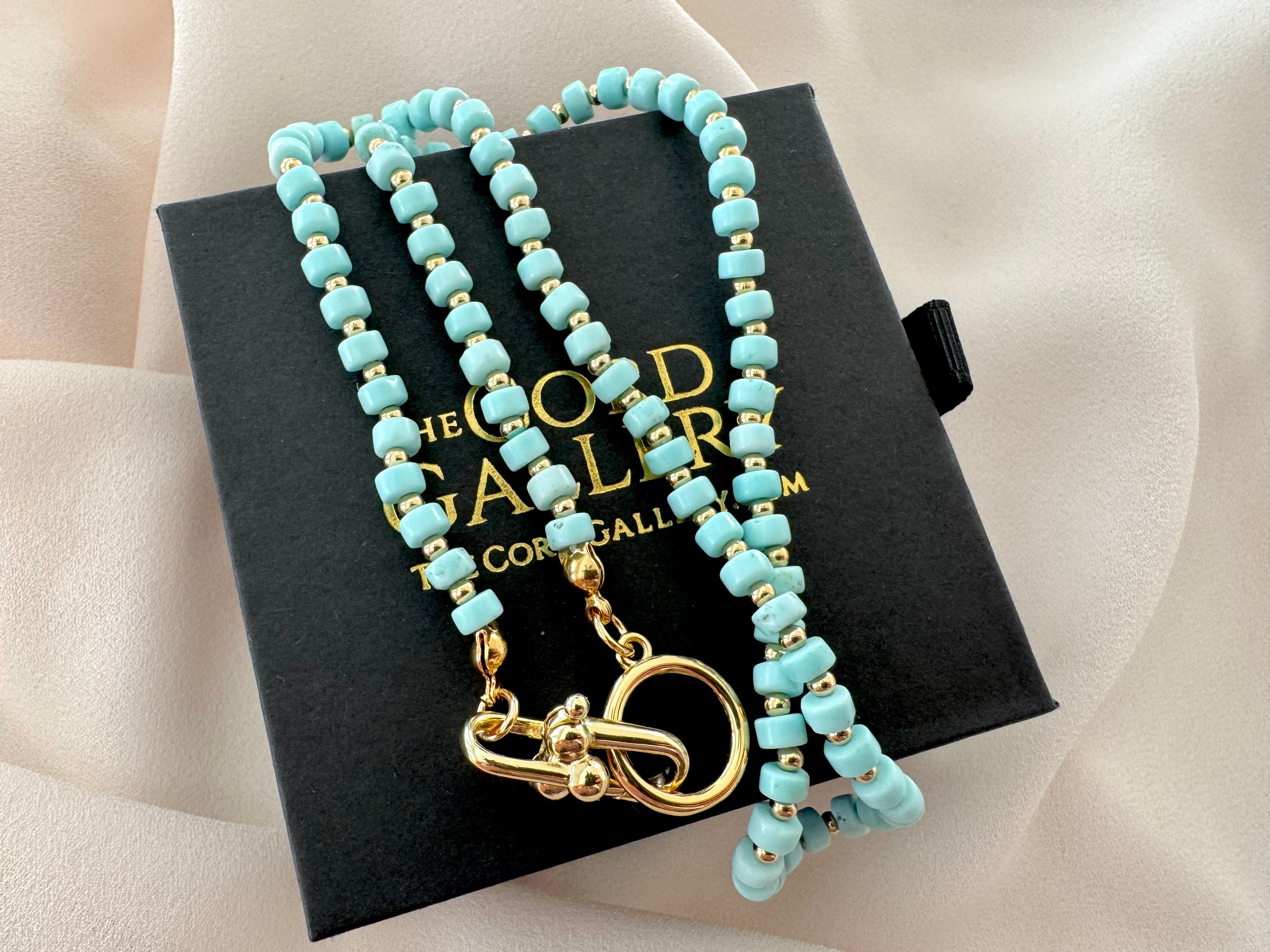 Real Beaded Turquoise Necklace with Large Gold Filled Clasp - December Birthstone