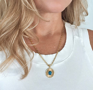 Vintage Style Blue Tiger's Eye Medallion Necklace - Gold Filled Chain - Thick Paperclip Chain