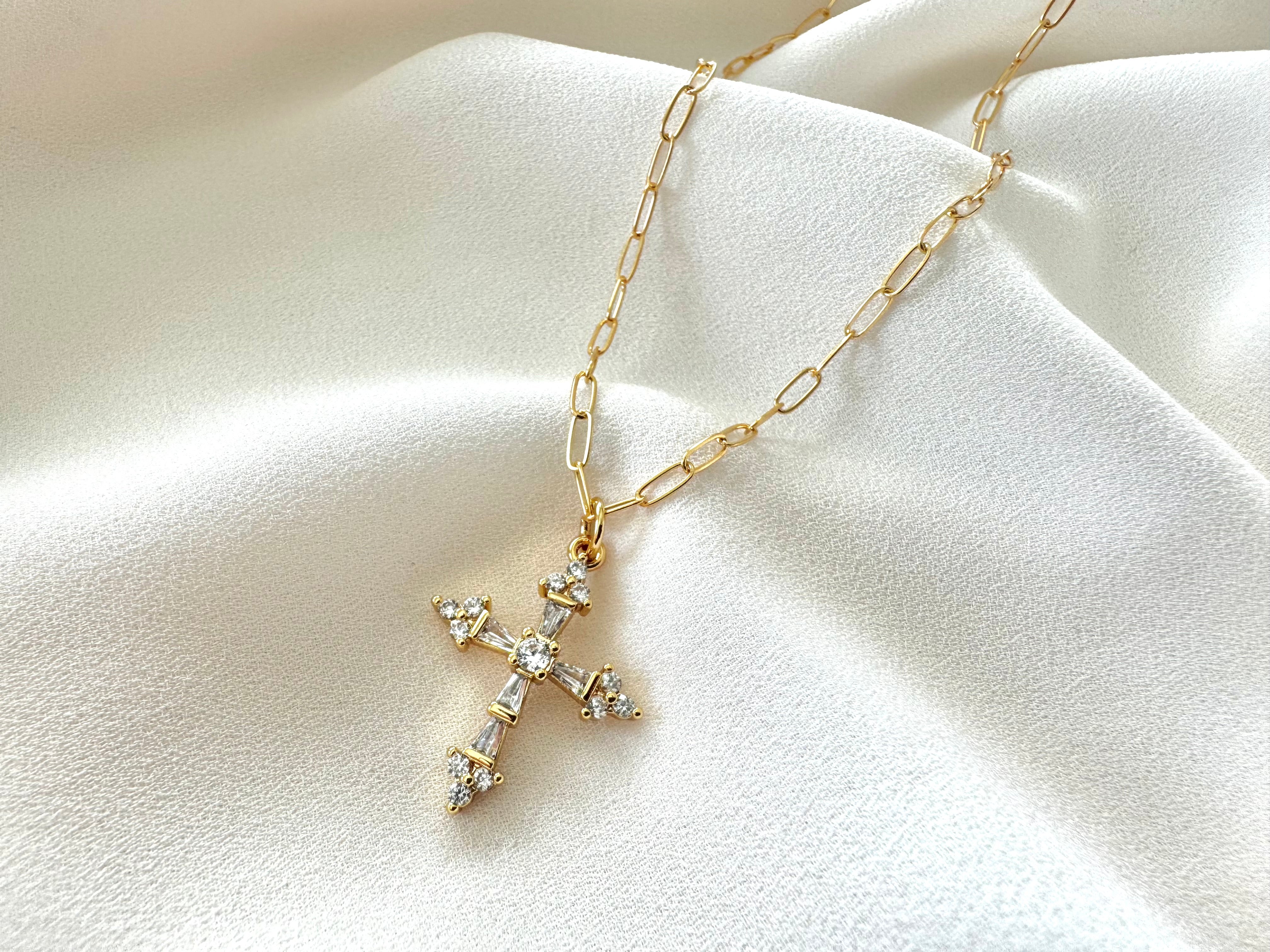 Gold Filled CZ Crystal Cross Pendant Necklace