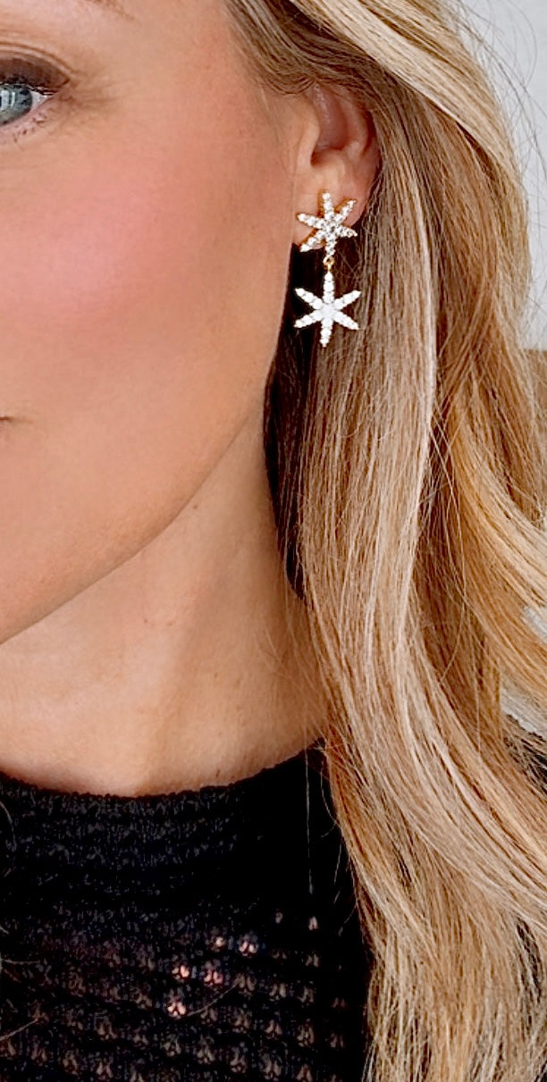 Gold Filled Micro Pave Dangle Drop Star Earrings - Cocktail Party Holiday Jewelry