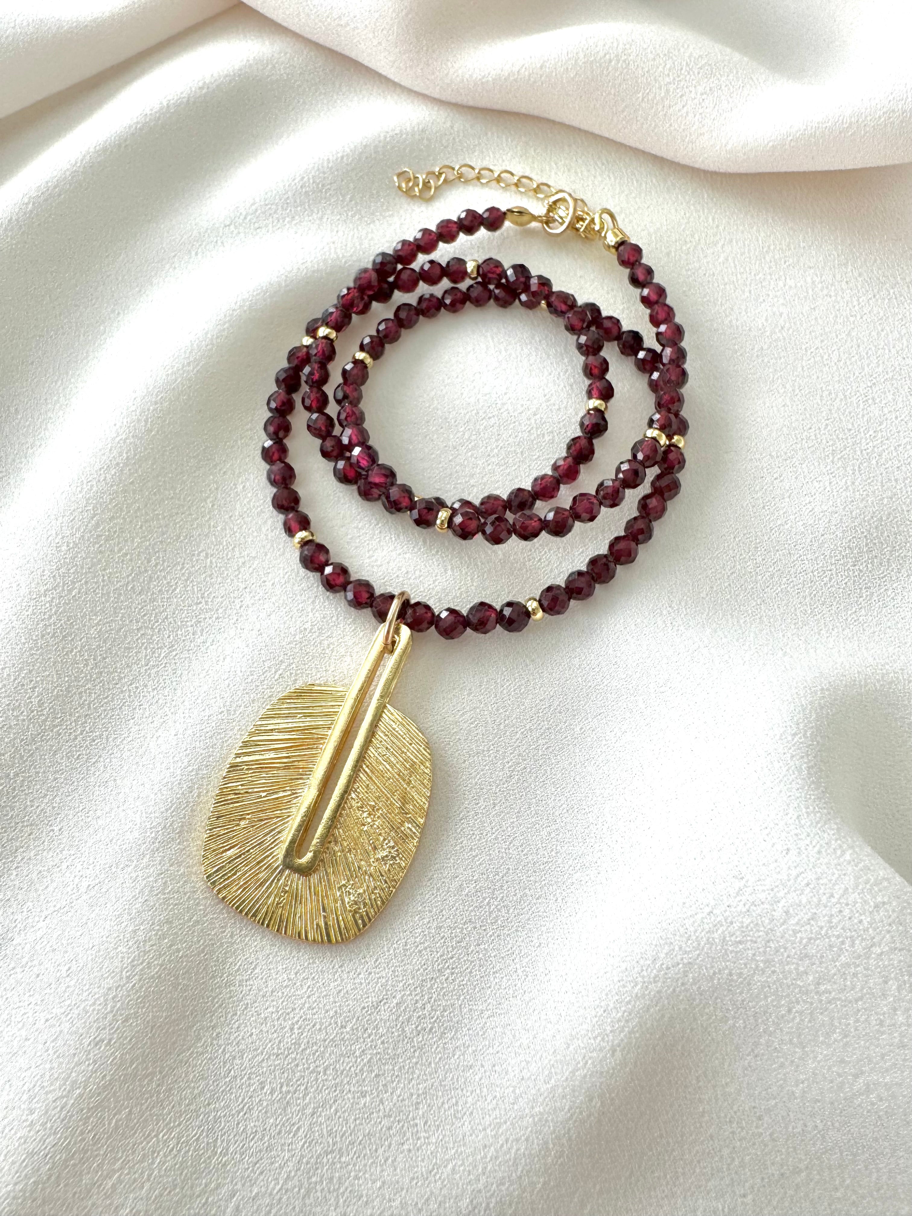 Genuine Garnet Beaded Necklace with Rustic Gold Pendant - January Birthstone