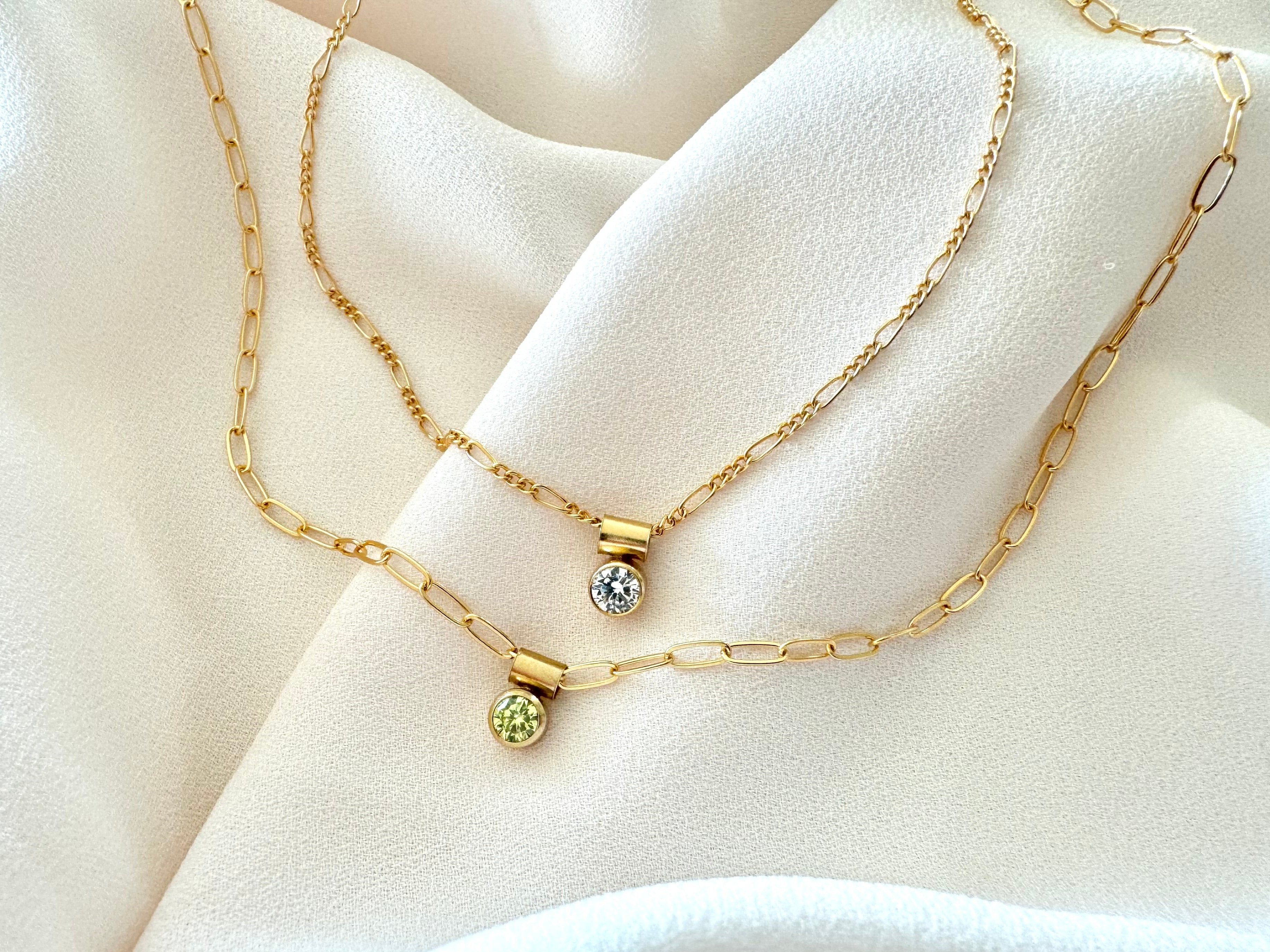 Dainty Gold Filled Birthstone Charm Necklace - Figaro Chain - Box Chain - Peridot August - Rose Quartz October - Crystal April