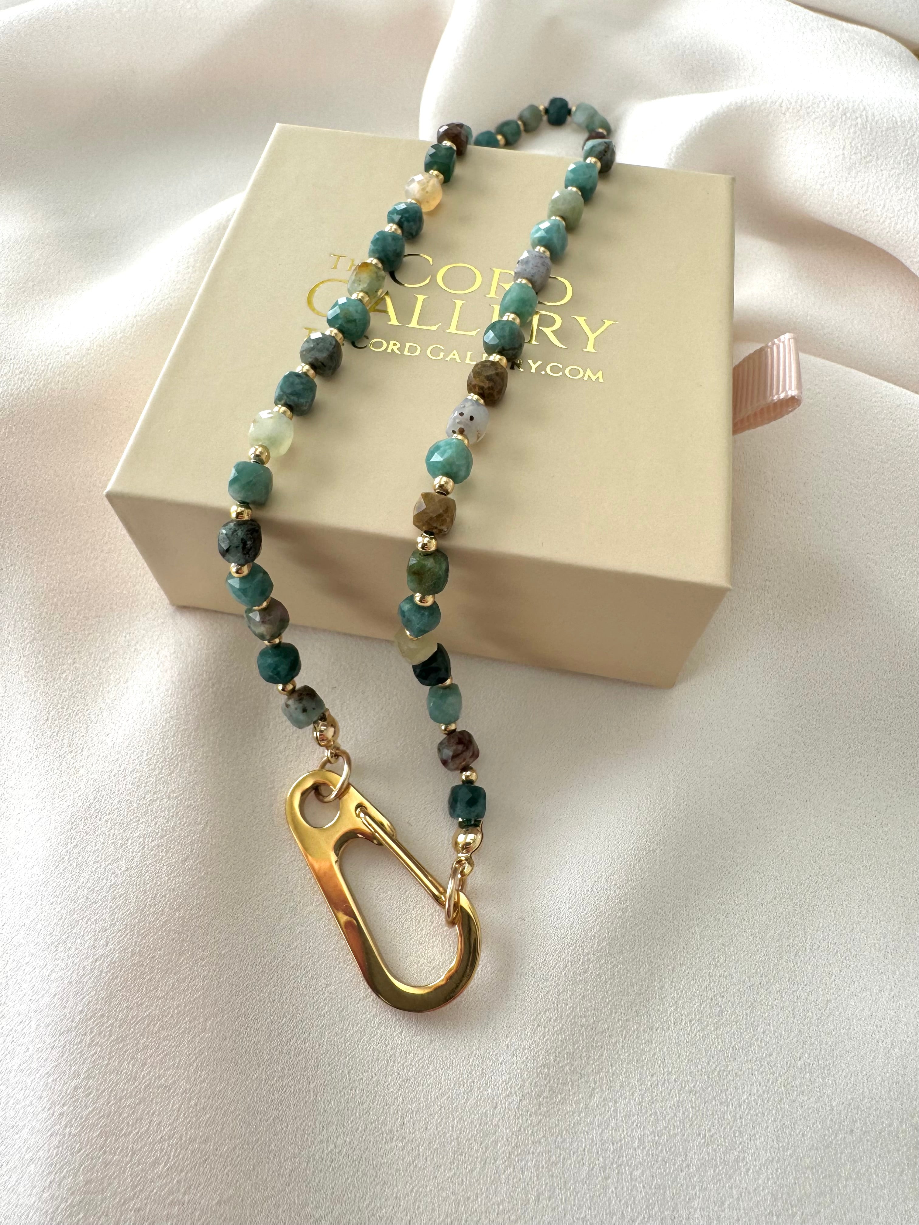 Genuine Moss Agate Beaded Necklace with Large Gold Carabiner Charm Clasp