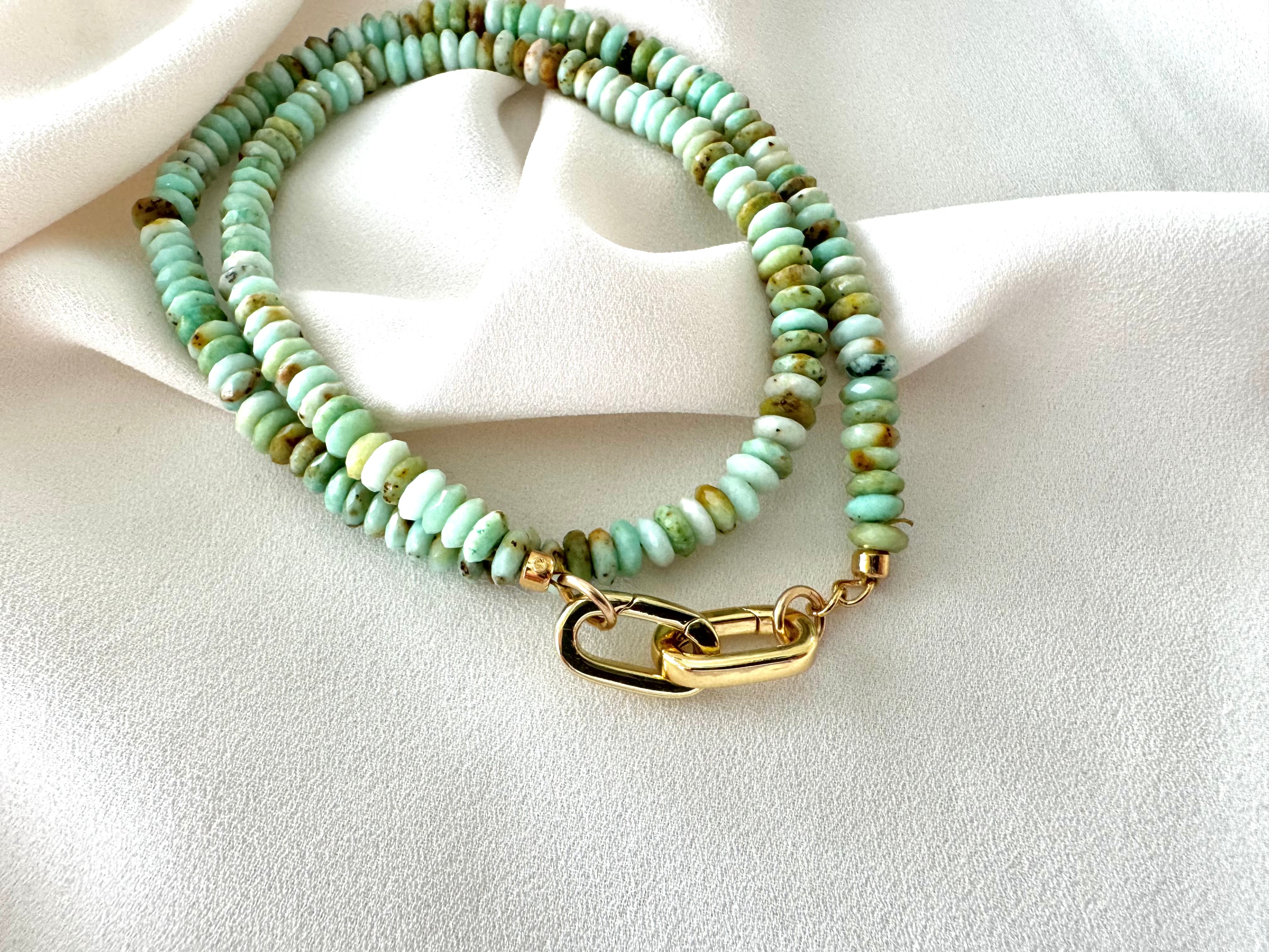 Real Beaded Amazonite Necklace with Large Gold Filled Clasp -