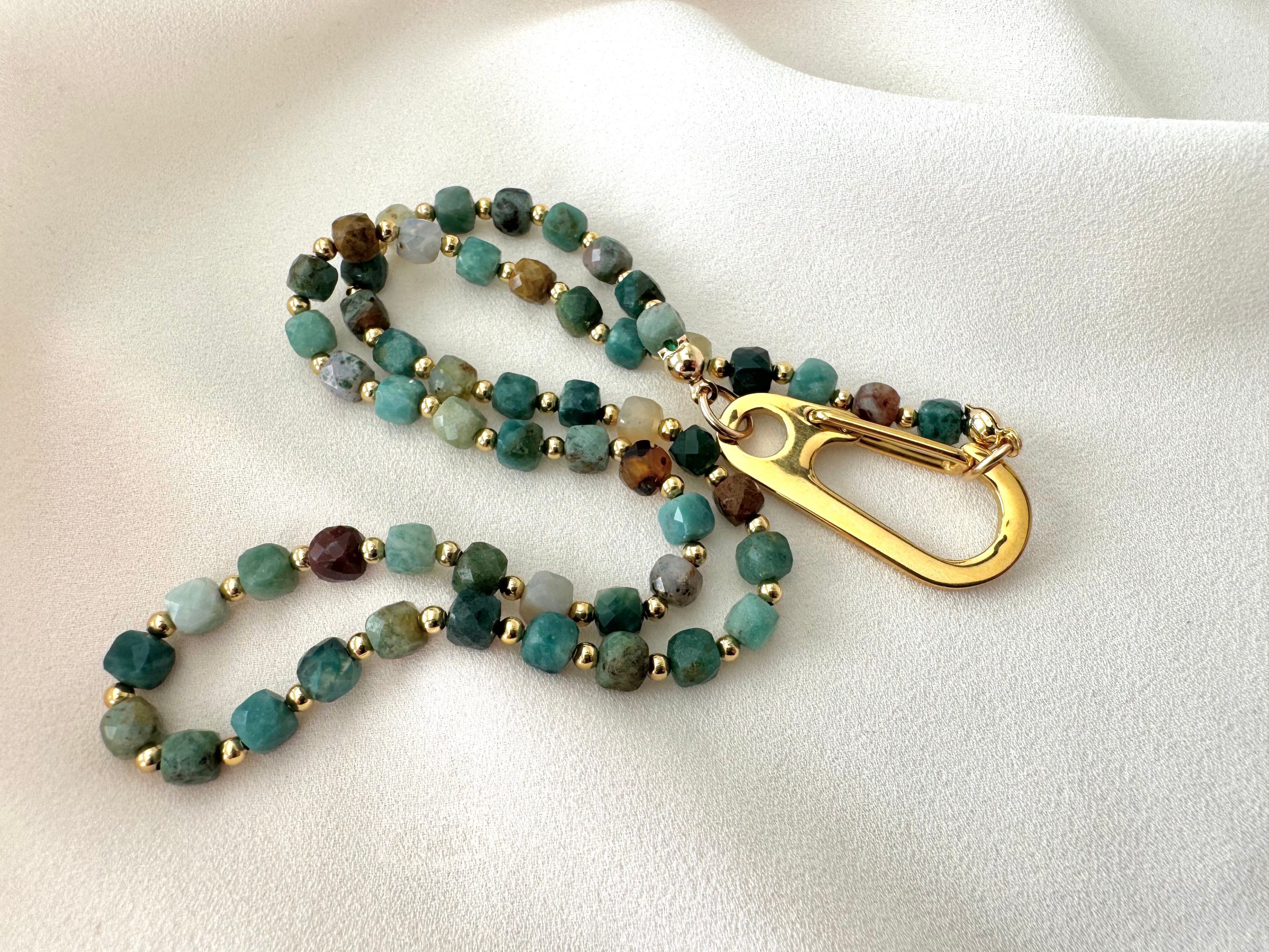 Genuine Moss Agate Beaded Necklace with Large Gold Carabiner Charm Clasp