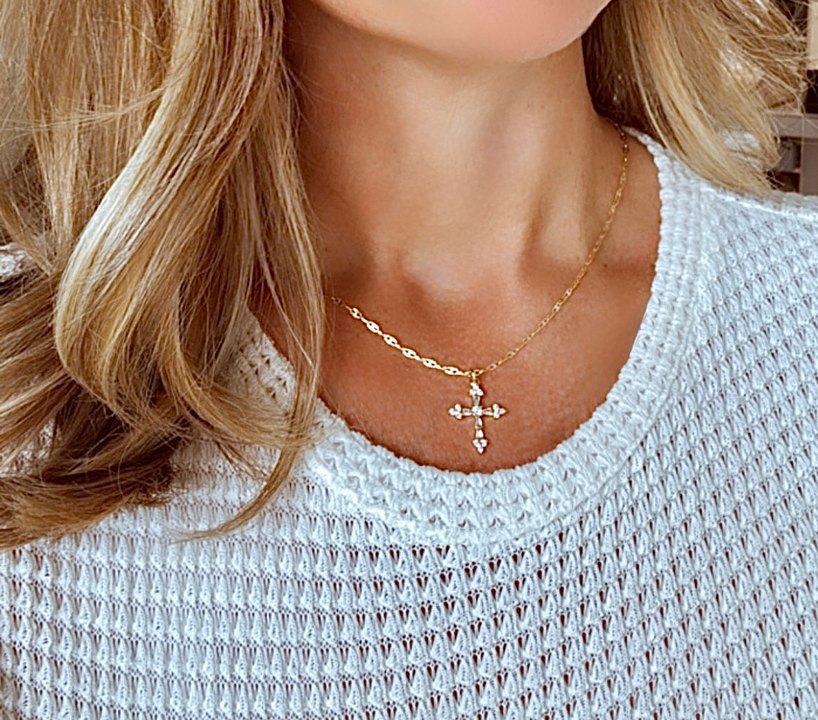 Gold Filled CZ Crystal Cross Pendant Necklace