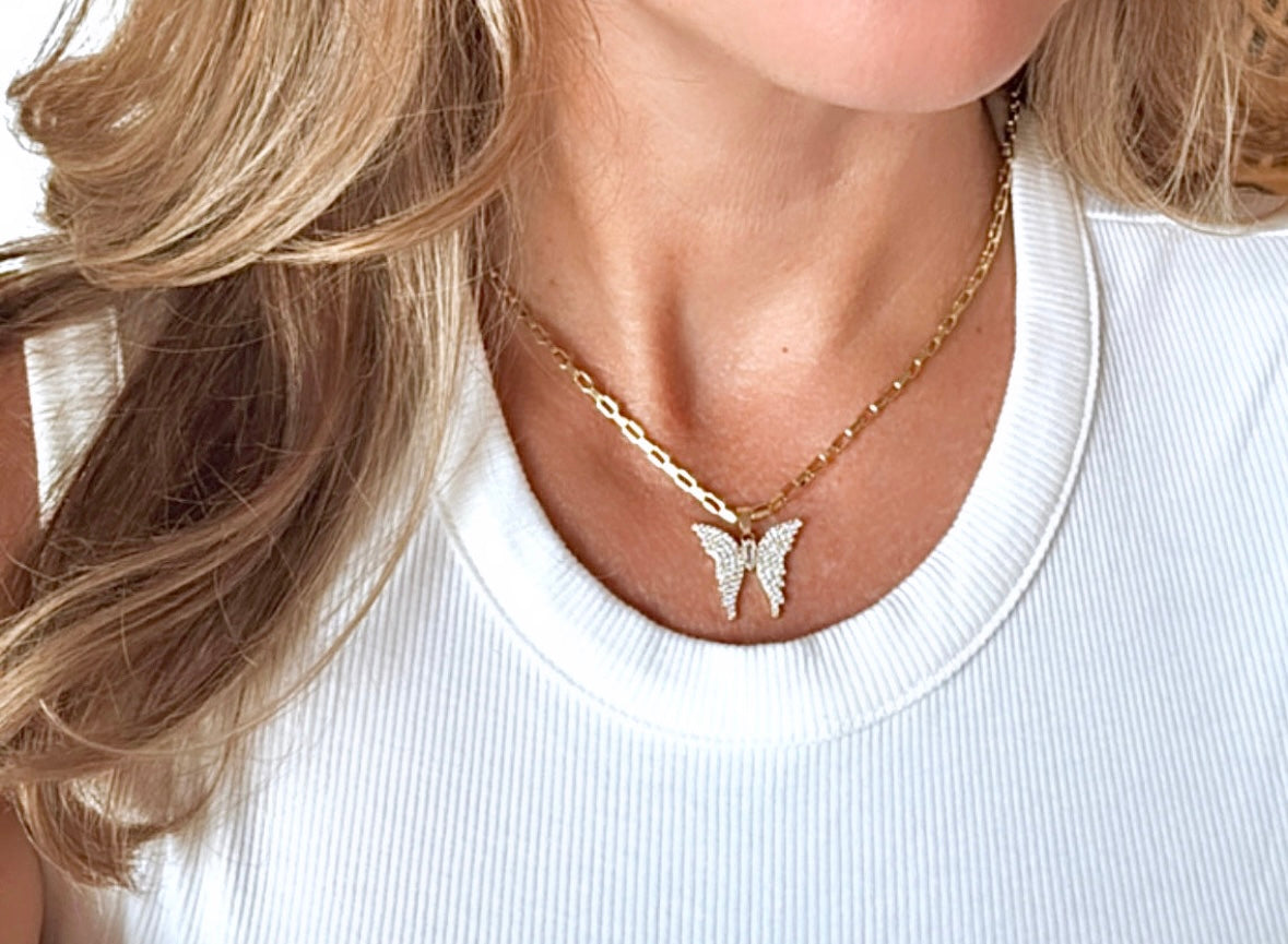 Gold Filled Micro Pave Butterfly Pendant Necklace - April Birthstone