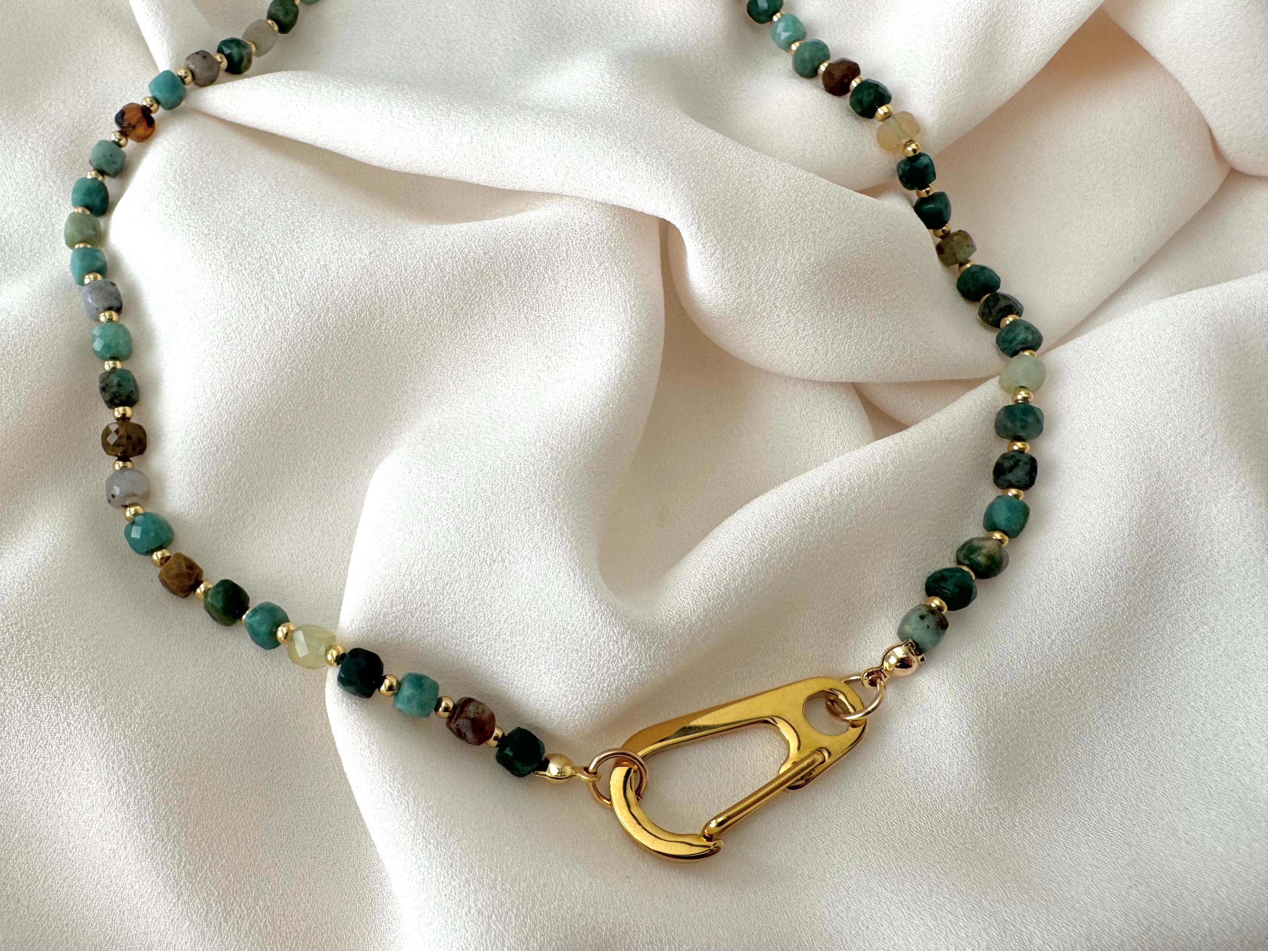 Genuine Moss Agate Beaded Necklace with Large Gold Carabiner Charm Clasp