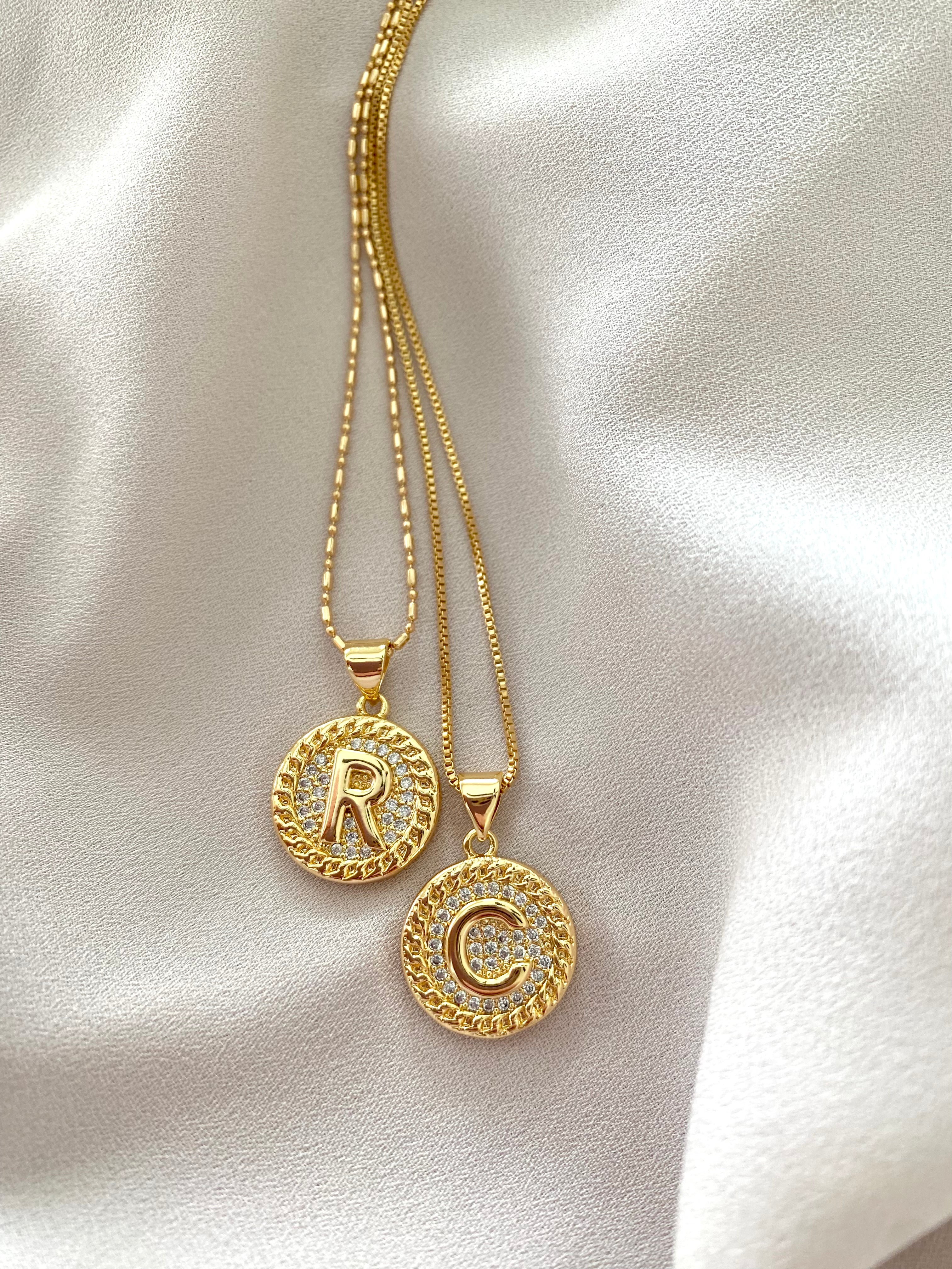 Gold Filled Letter Necklace Micro Pave Initial Pendant Coin Charm Minimalist CZ Letter Pendant Christmas Gift Paperclip Box Figaro Chain