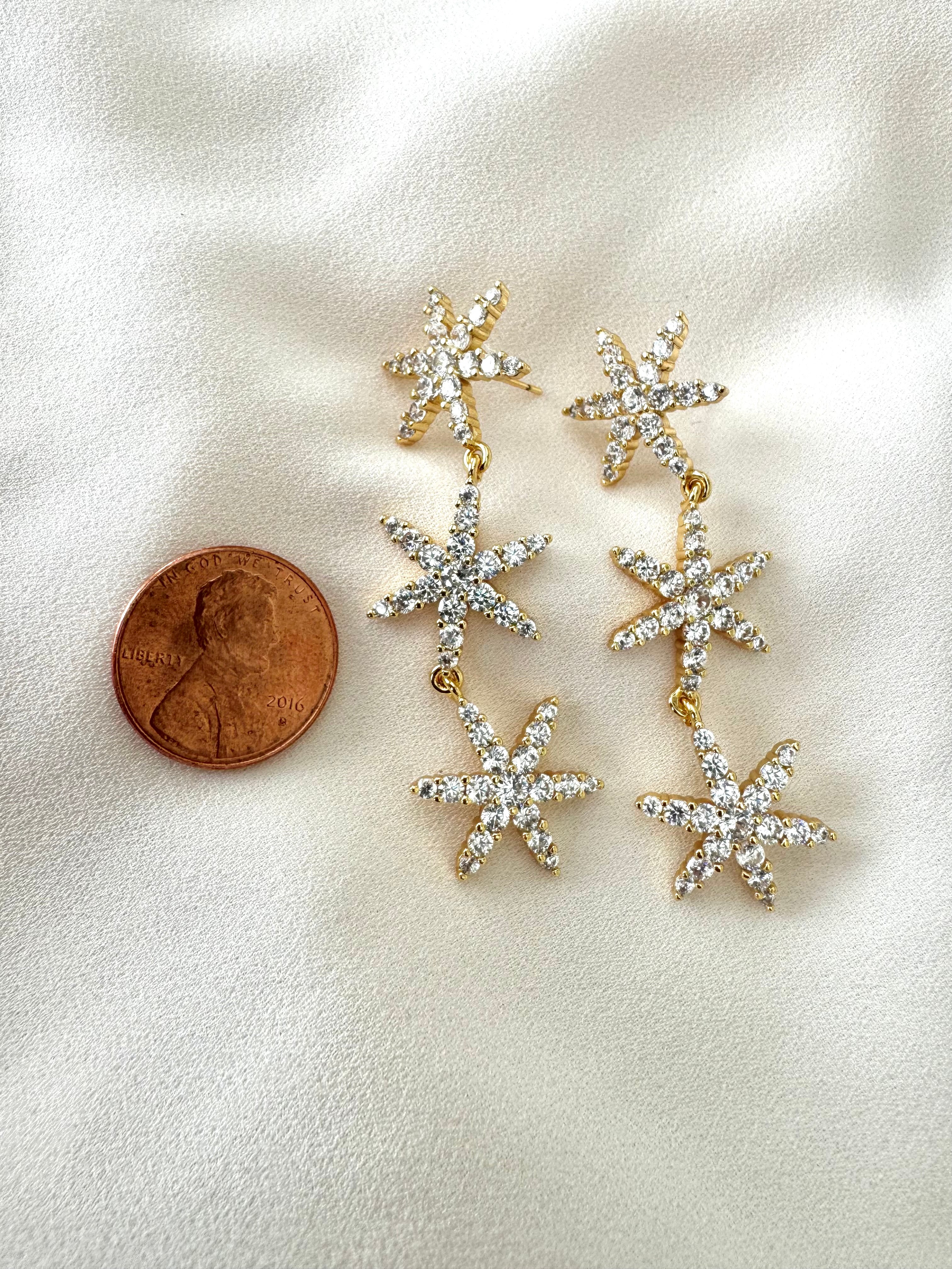 Gold Filled Micro Pave Dangle Drop Star Earrings - Cocktail Party Holiday Jewelry