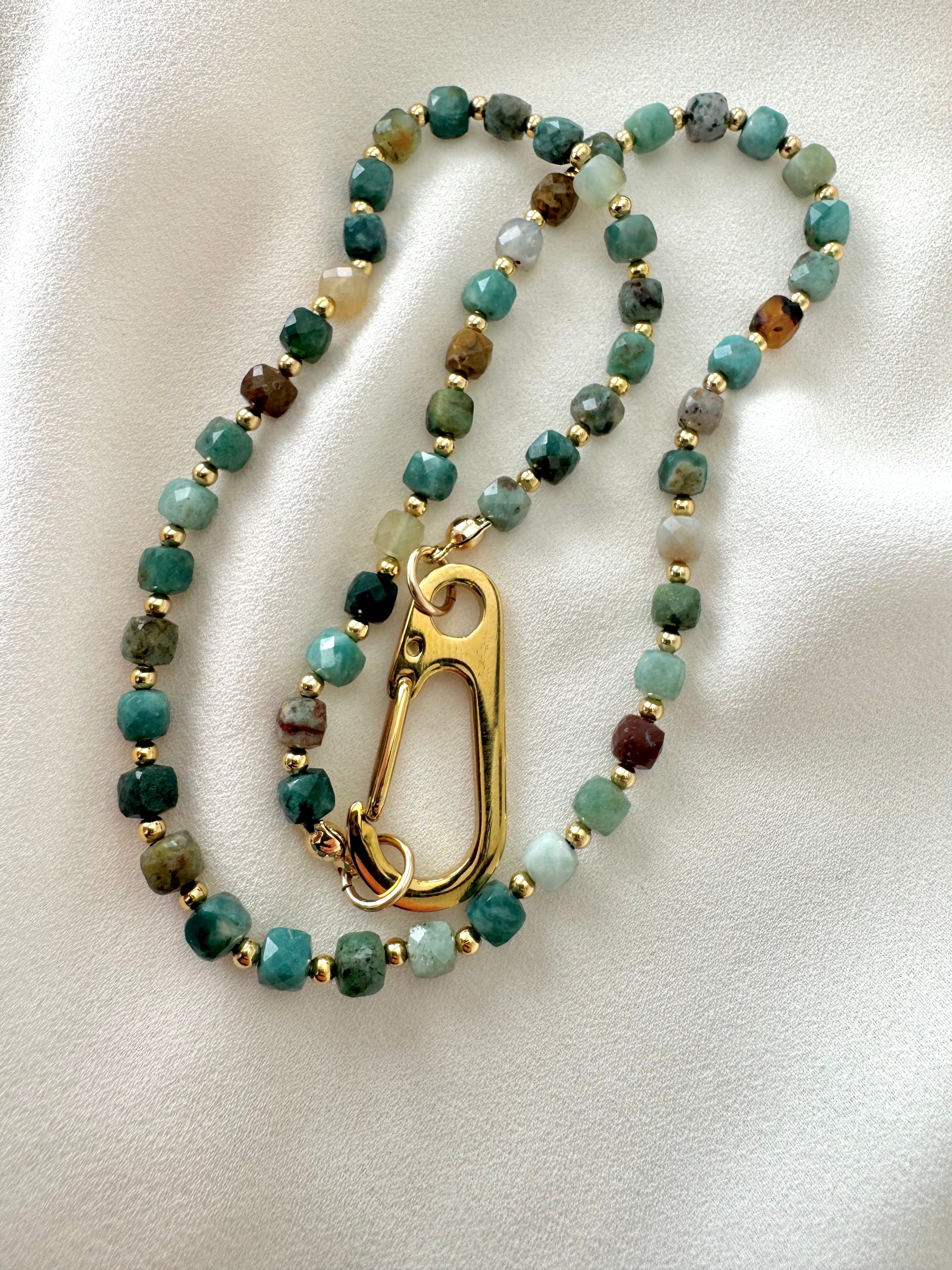 Genuine Moss Agate Beaded Necklace with Large Gold Carabiner Charm Clasp