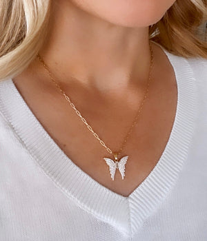 Gold Filled Micro Pave Butterfly Pendant Necklace - April Birthstone
