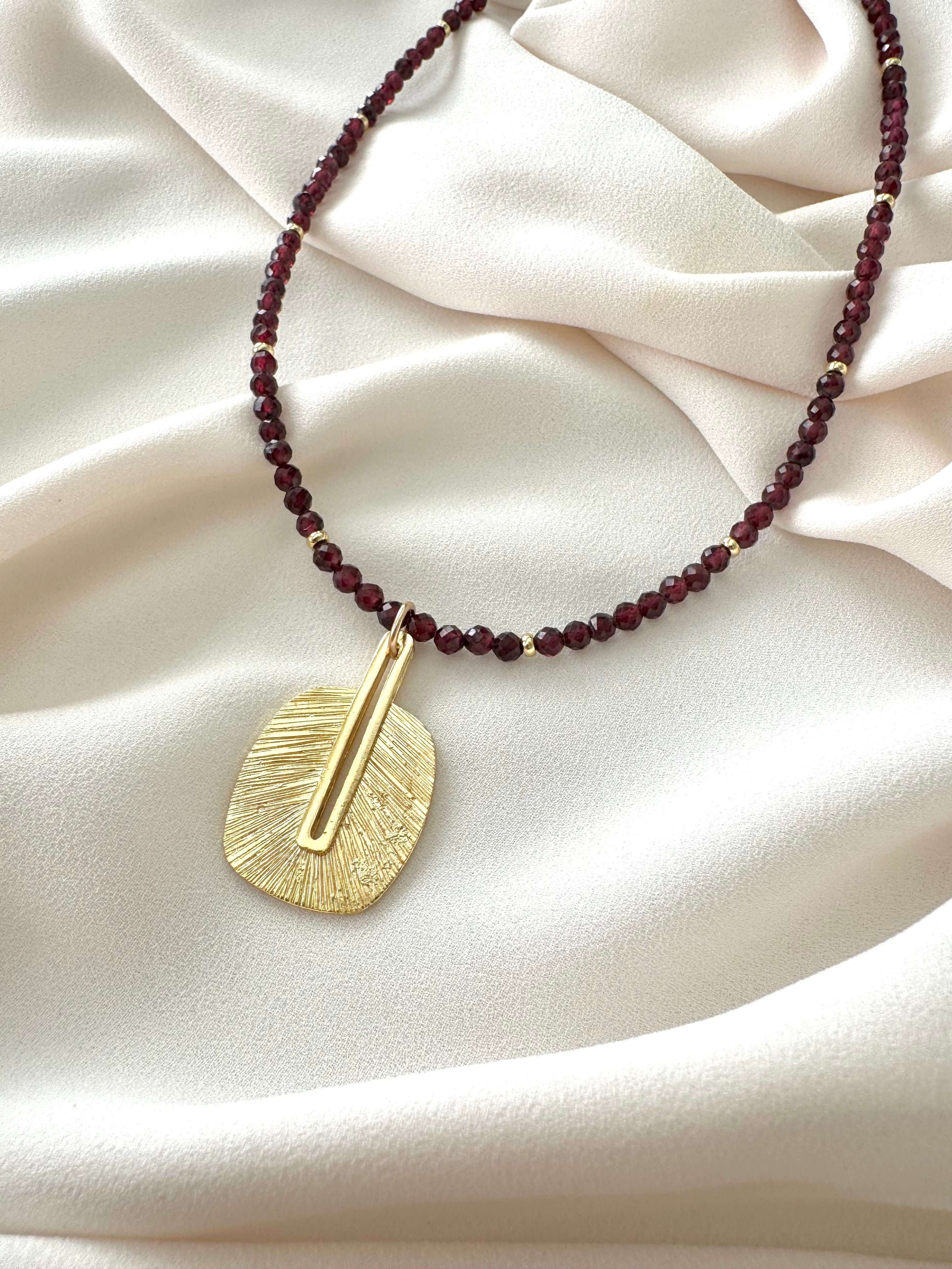 Genuine Garnet Beaded Necklace with Rustic Gold Pendant - January Birthstone