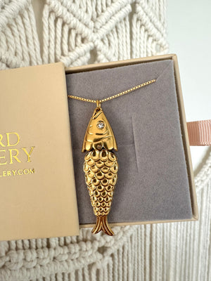 Articulated Gold Sardine Fish Pendant Necklace - Gold Filled Chain