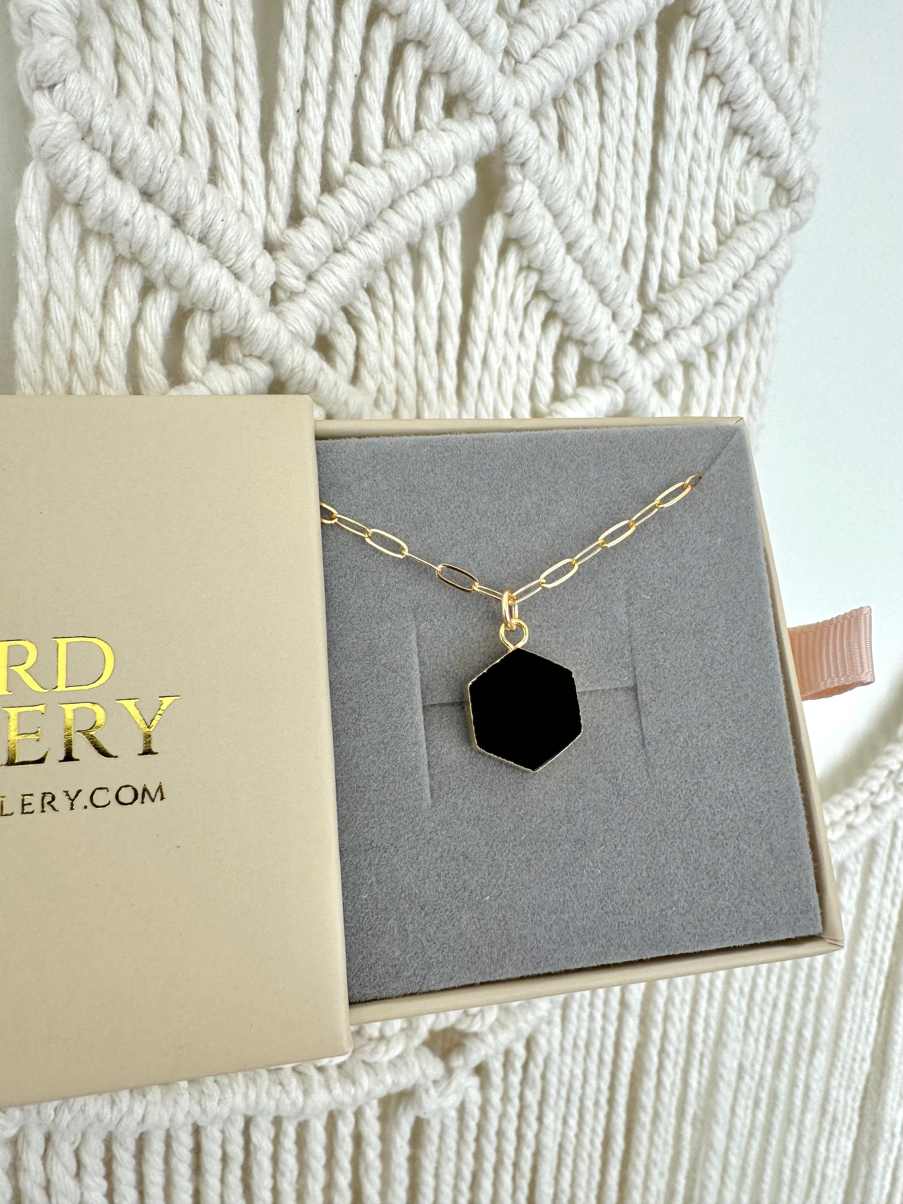 Black Onyx Hexagon Pendant Necklace - Gold Filled Chain