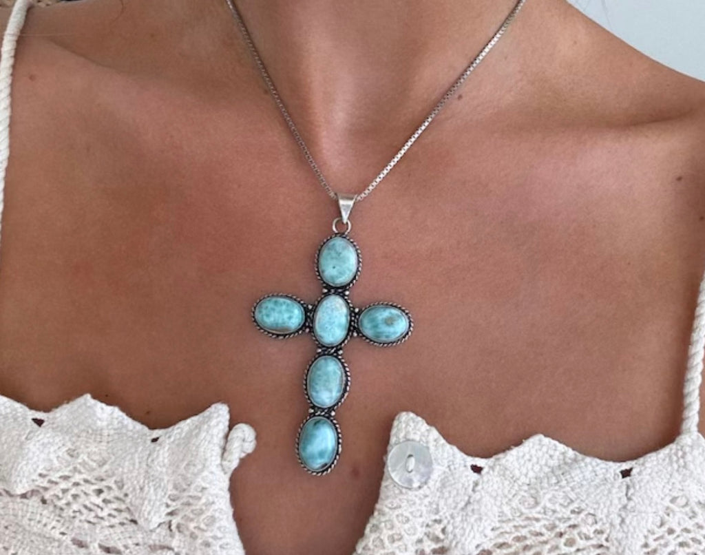 Large Larimar Cross Pendant Necklace - Sterling Silver Snake Box Link Chain - Gift Idea