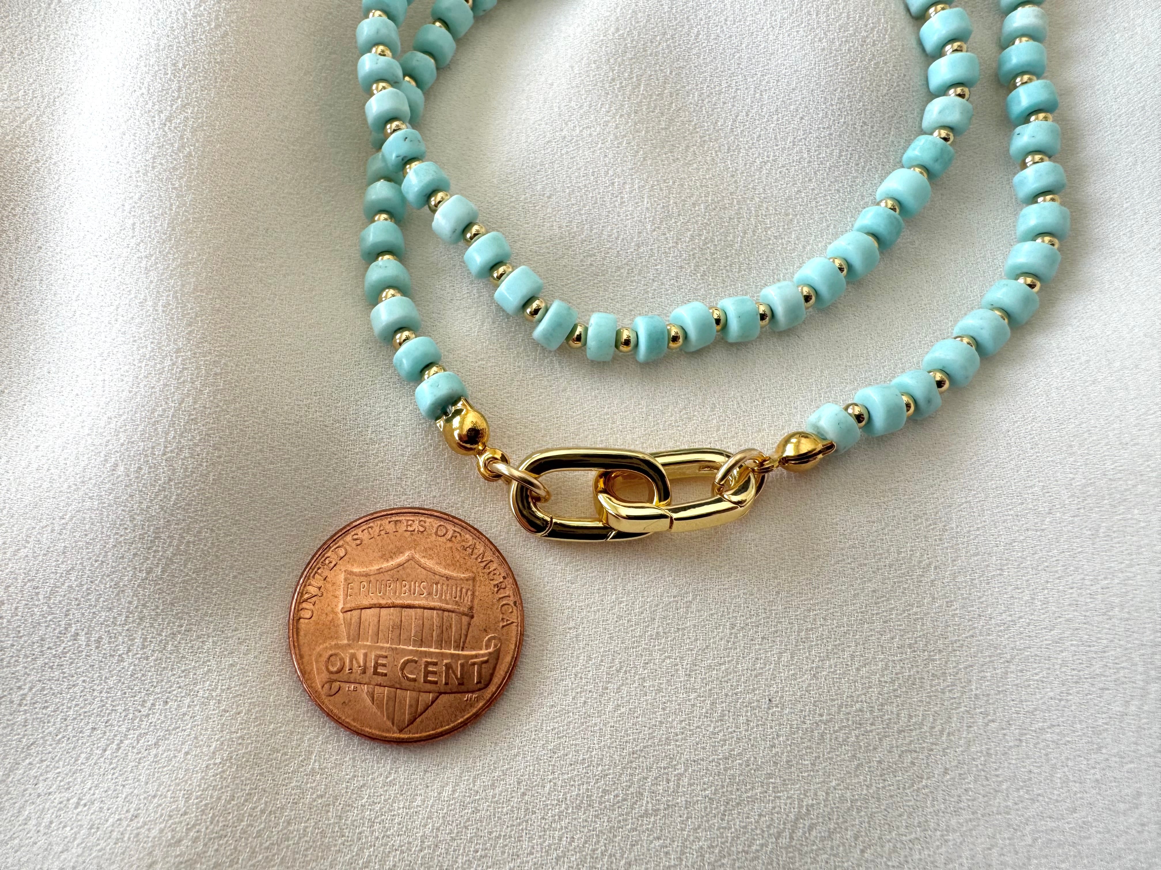 Real Beaded Turquoise Necklace with Large Gold Filled Clasp - December Birthstone