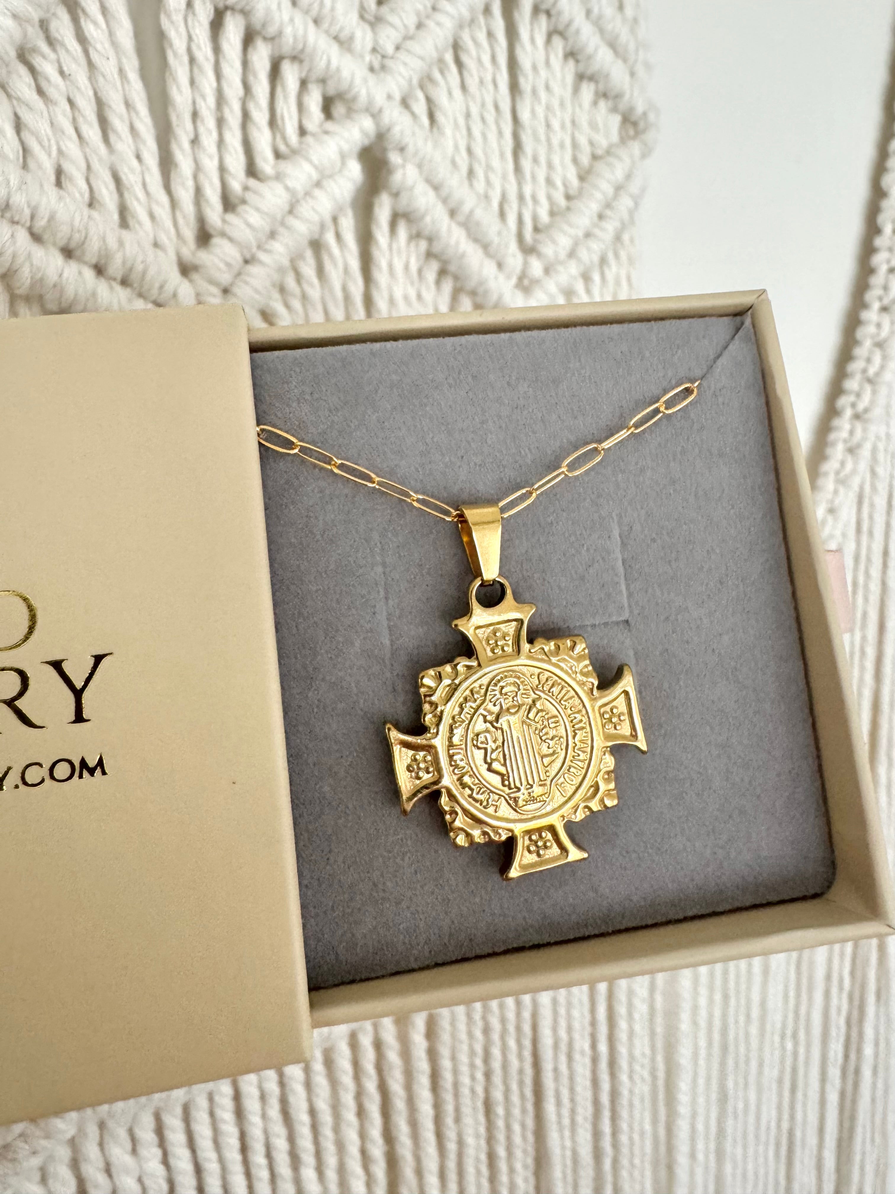 Gold Filled Cross Medallion Saint Necklace - St. Benedict Pendant