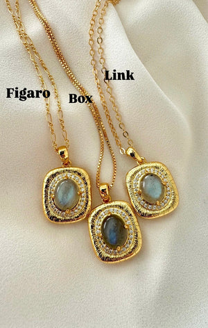 Gold Filled Oval Labradorite Pendant Square Framed Gemstone Pave Necklace Figaro Box Chain