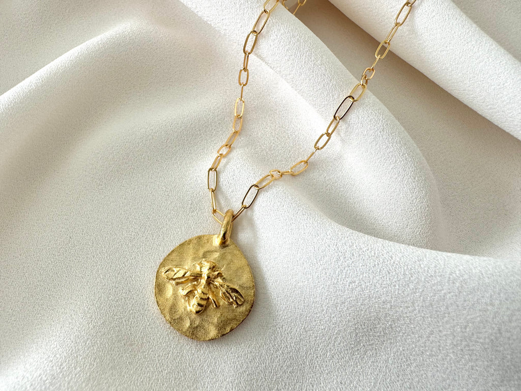 Gold Honey Bee Pendant Necklace - Gold Filled Chain - Figaro Box Paperclip Sunburst