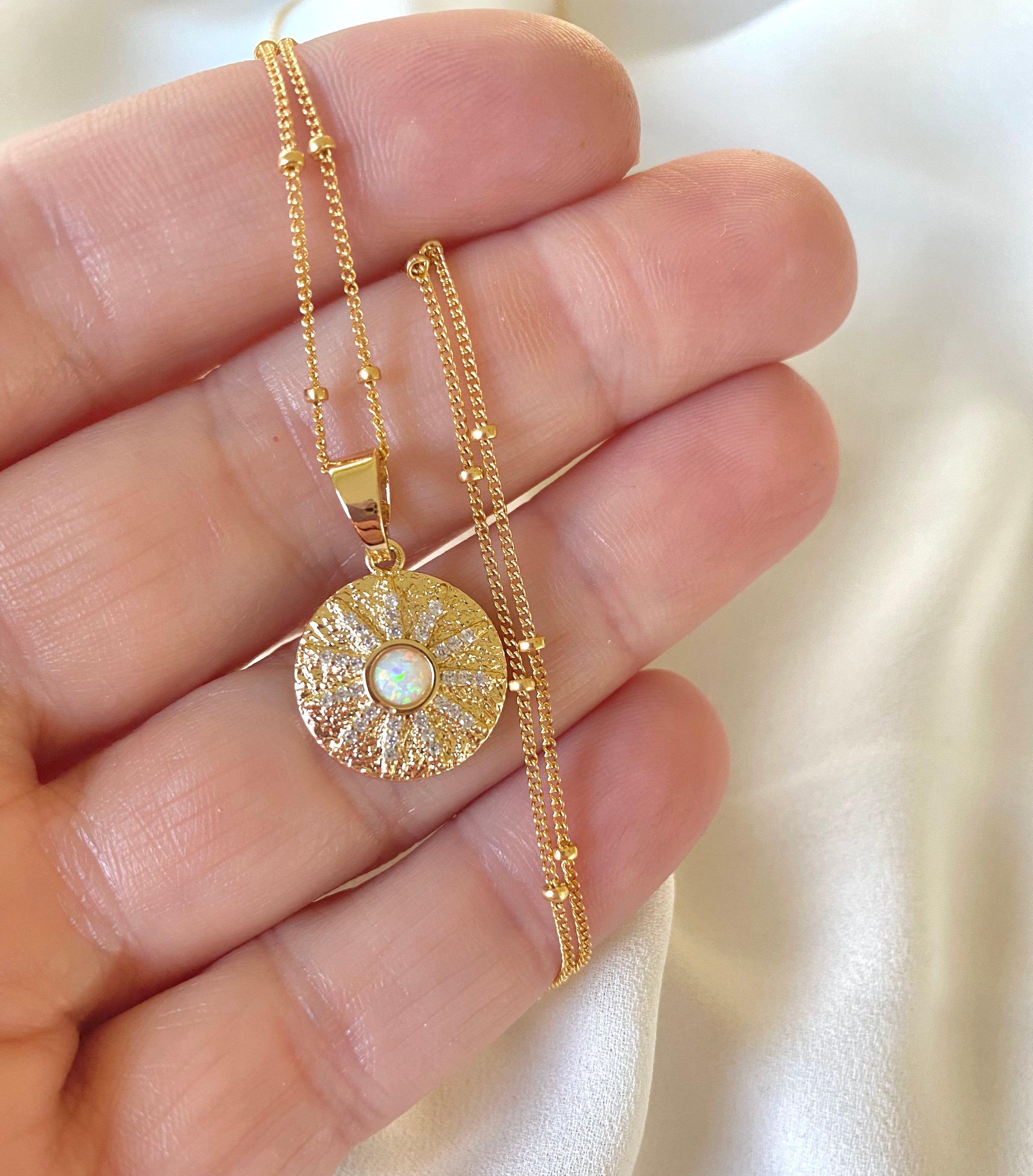 Opal Necklace Opal Coin Pendant Necklace October Birthstone Gold Filled Genuine Opal Charm Crystal Medallion Necklace Minimalist Jewelry