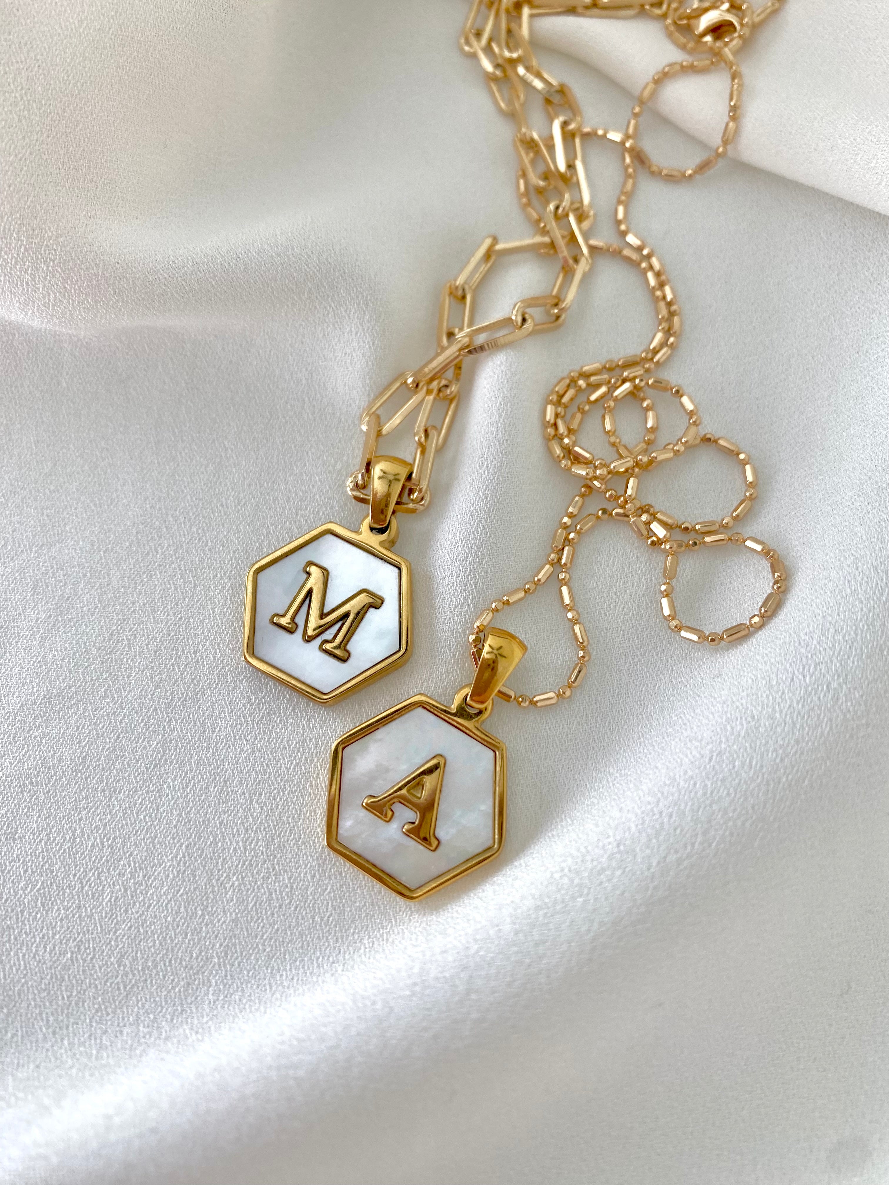 Gold Hexagon Mother of Pearl Letter Pendant Necklace - Gold Filled Chain