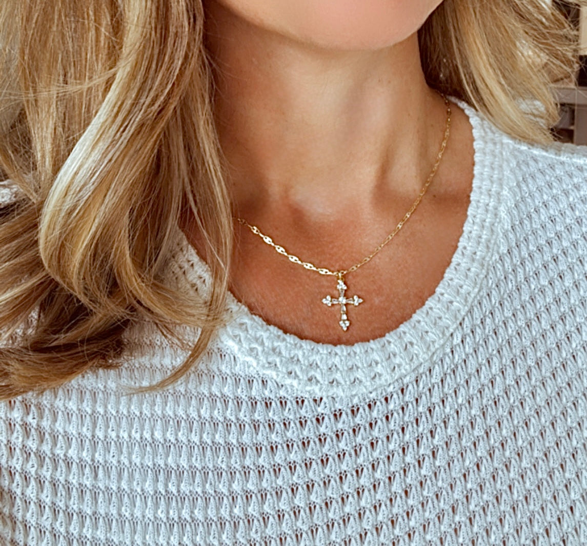 Gold Filled CZ Crystal Cross Pendant Necklace