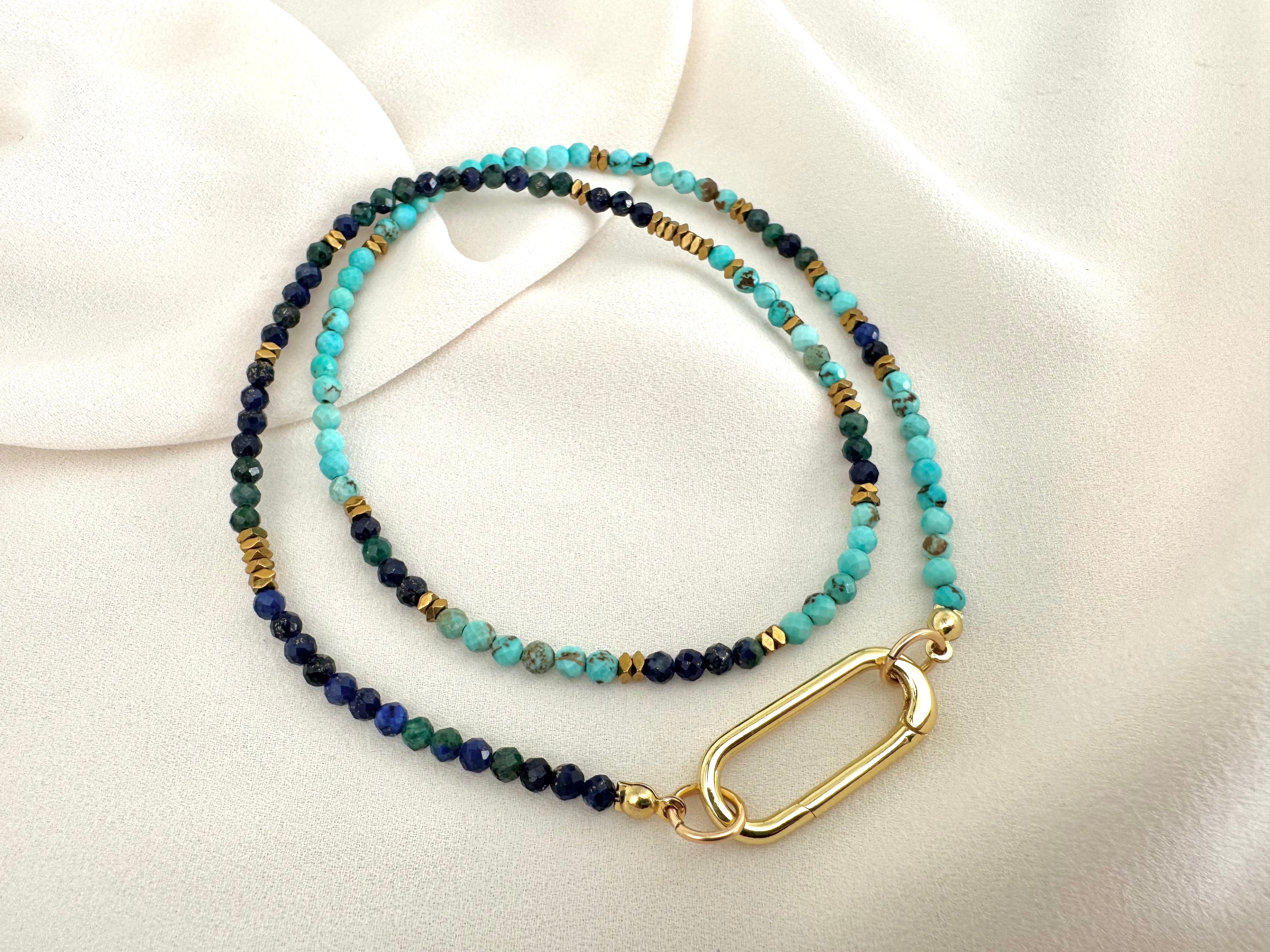 Dainty Beaded Turquoise Lapis Lazuli Malachite Necklace - Gold Filled Charm Clasp Carabiner