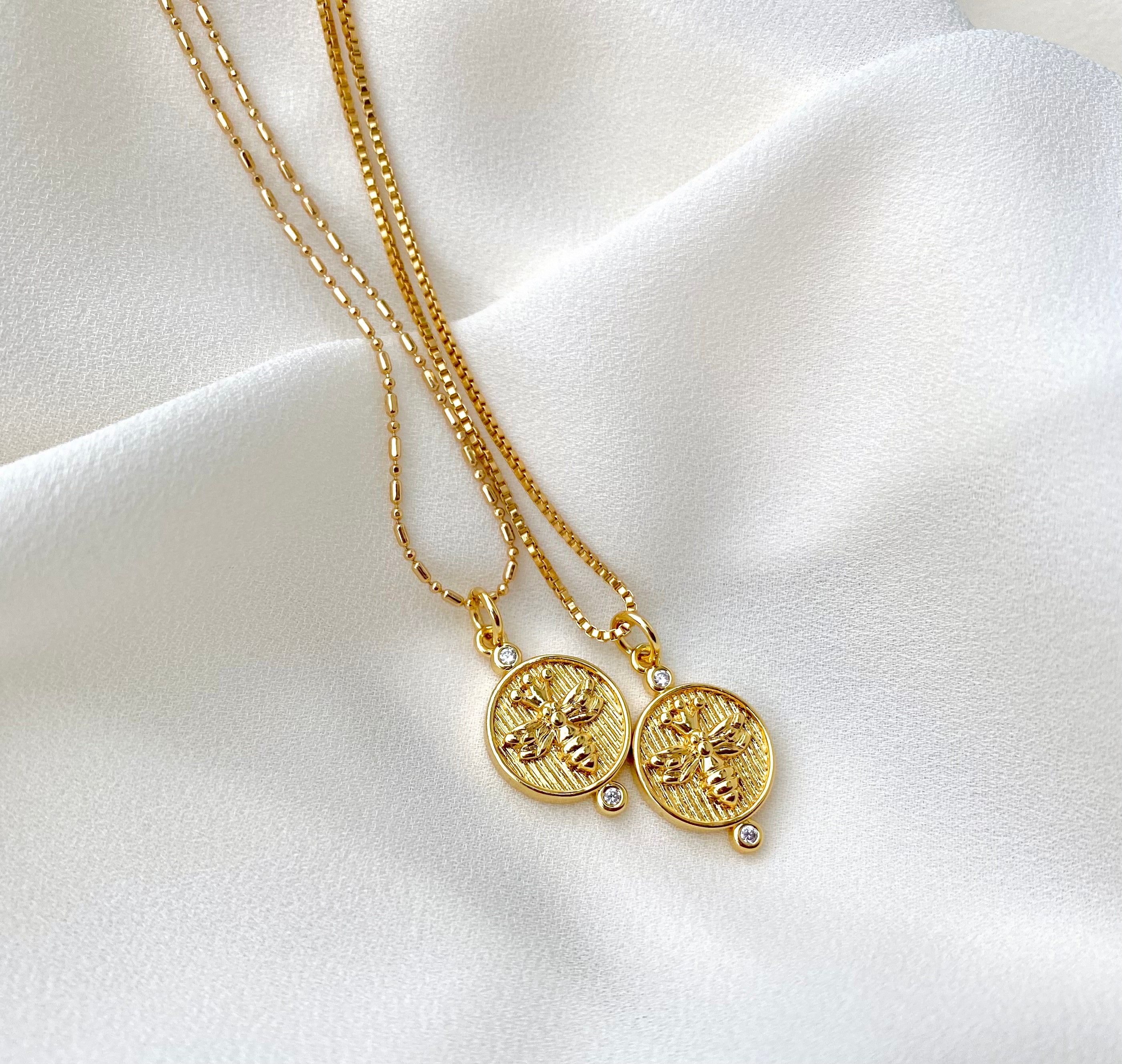 Gold Bee Necklace Gold Filled Necklace Gold Honey Bee Medallion Necklace Bumblebee Coin Pendant Rustic Coin Queen Bee Charm Christmas Gift