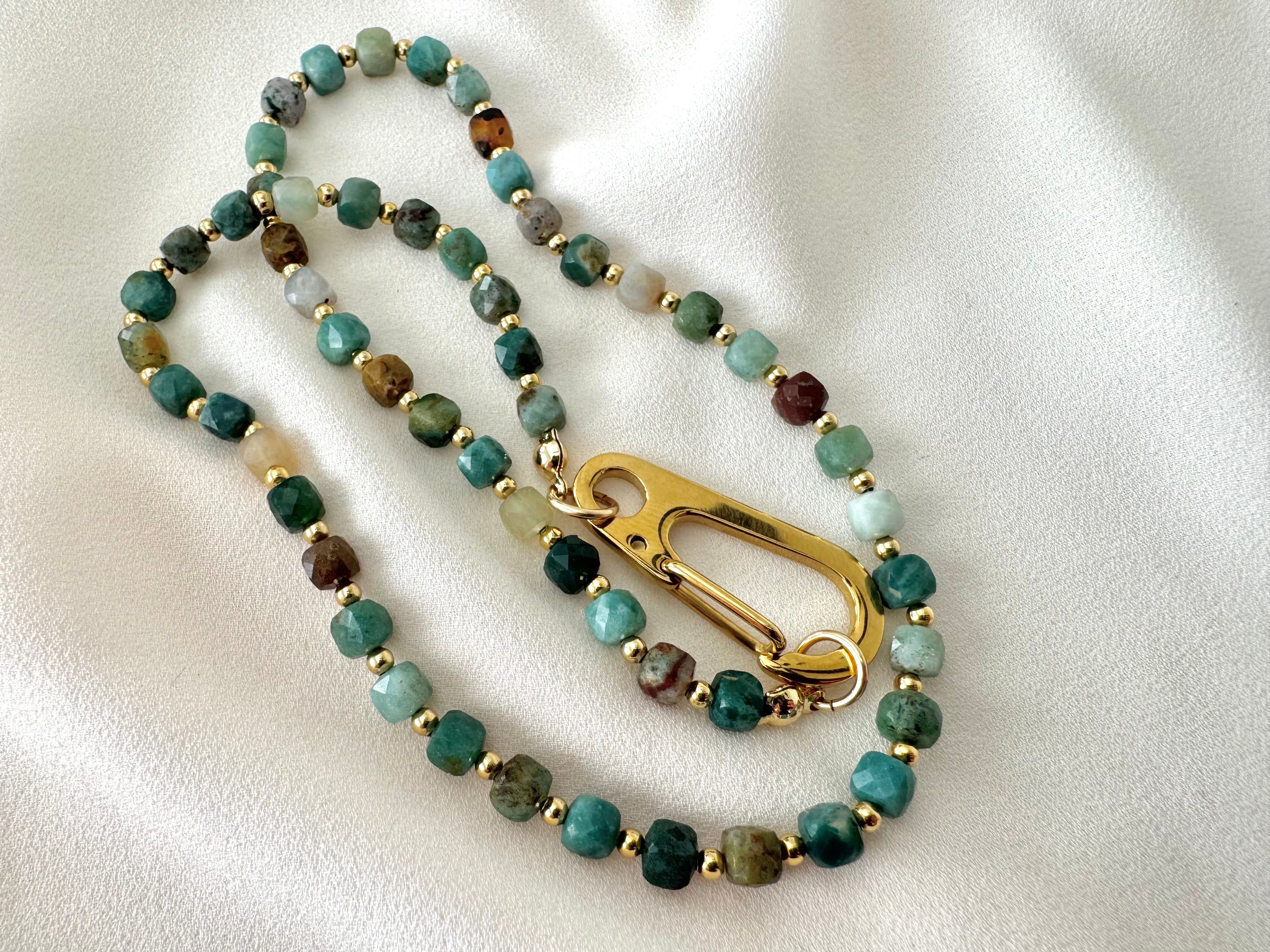 Genuine Moss Agate Beaded Necklace with Large Gold Carabiner Charm Clasp