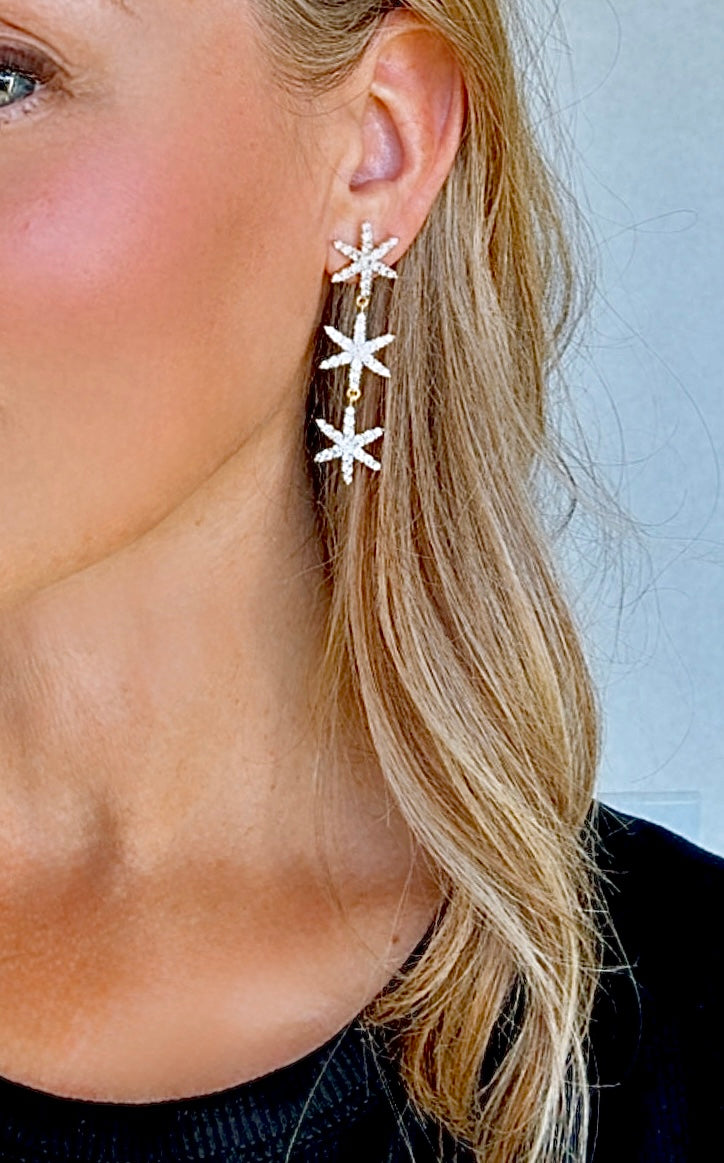 Gold Filled Micro Pave Dangle Drop Star Earrings - Cocktail Party Holiday Jewelry