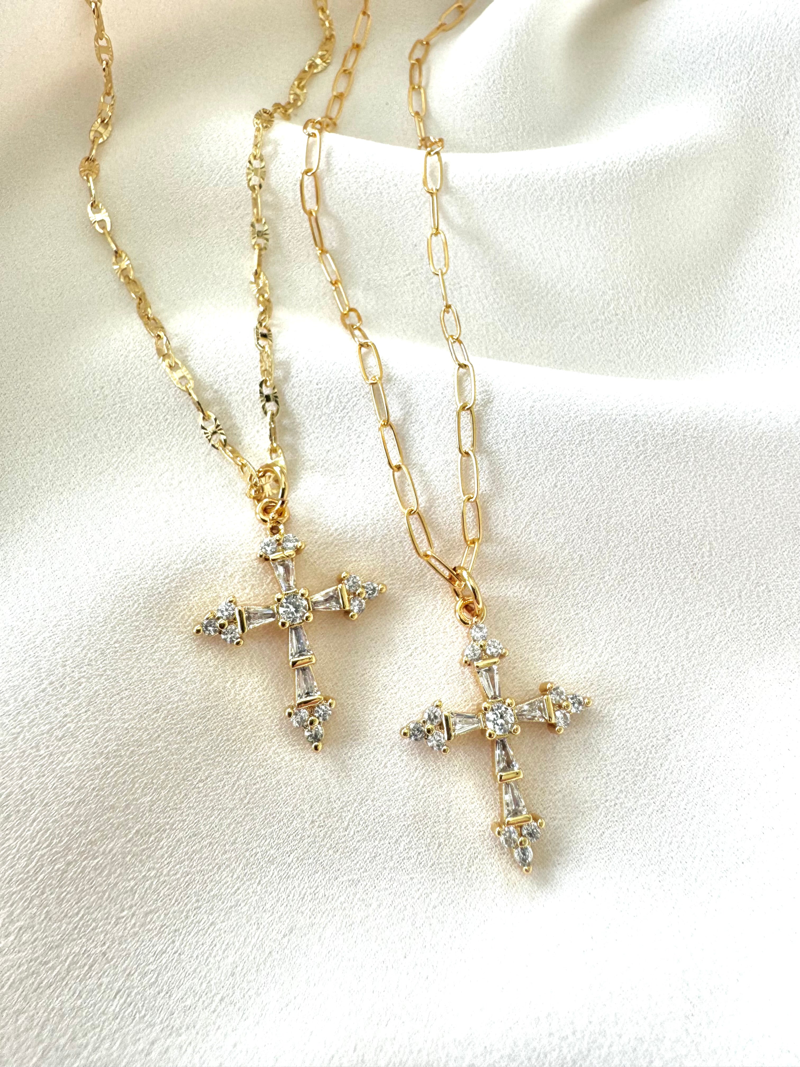 Gold Filled CZ Crystal Cross Pendant Necklace