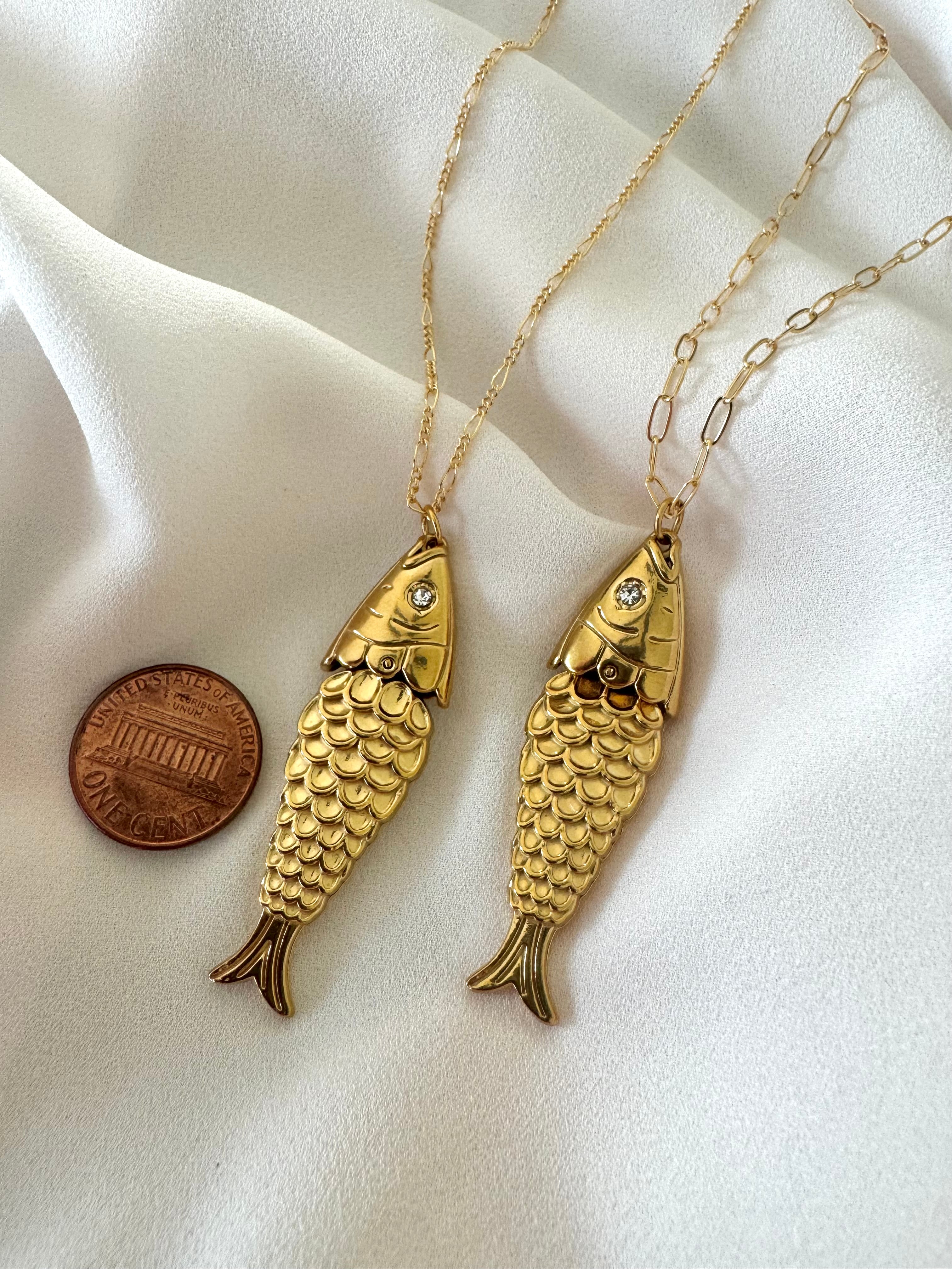 Articulated Gold Sardine Fish Pendant Necklace - Gold Filled Chain