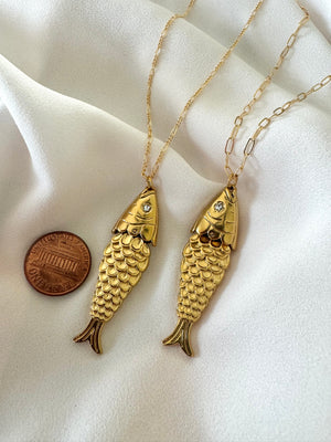 Articulated Gold Sardine Fish Pendant Necklace - Gold Filled Chain