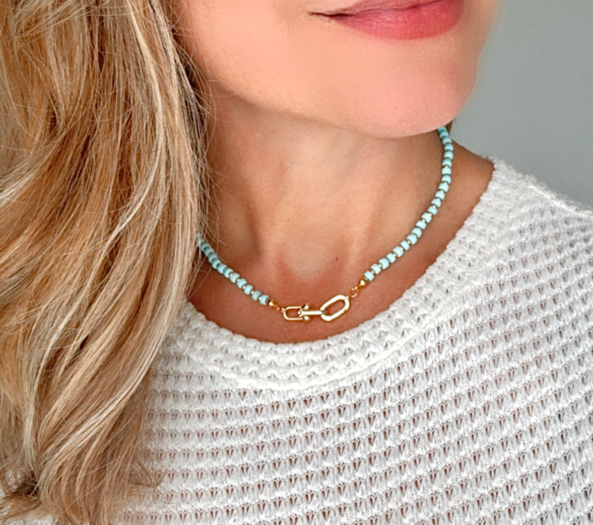 Real Beaded Turquoise Necklace with Large Gold Filled Clasp - December Birthstone