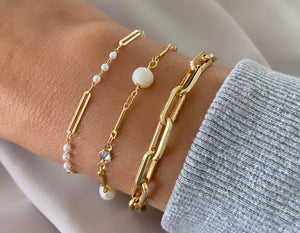Gold Filled Paperclip Bracelet Pearl and Crystal Link Bracelet Gold Fill Bar Chain Dainty Stacking Bracelets Minimalist Jewelry Gift Idea June Birthstone