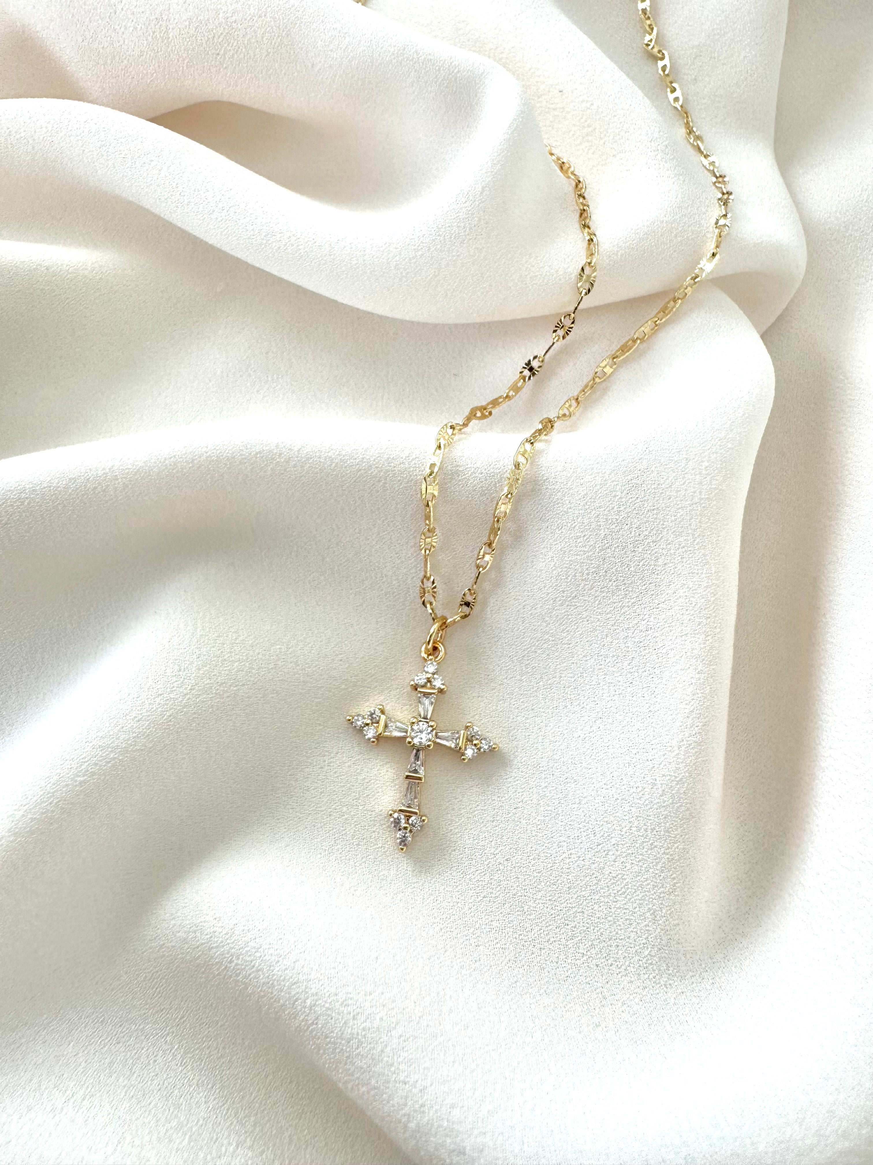 Gold Filled CZ Crystal Cross Pendant Necklace