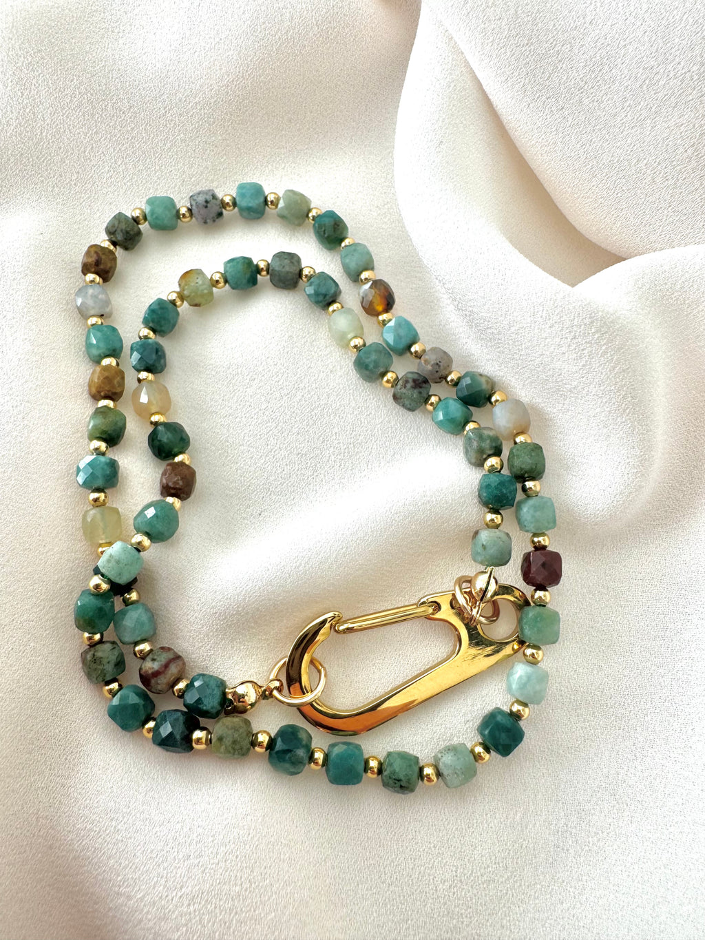 Genuine Moss Agate Beaded Necklace with Large Gold Carabiner Charm Clasp