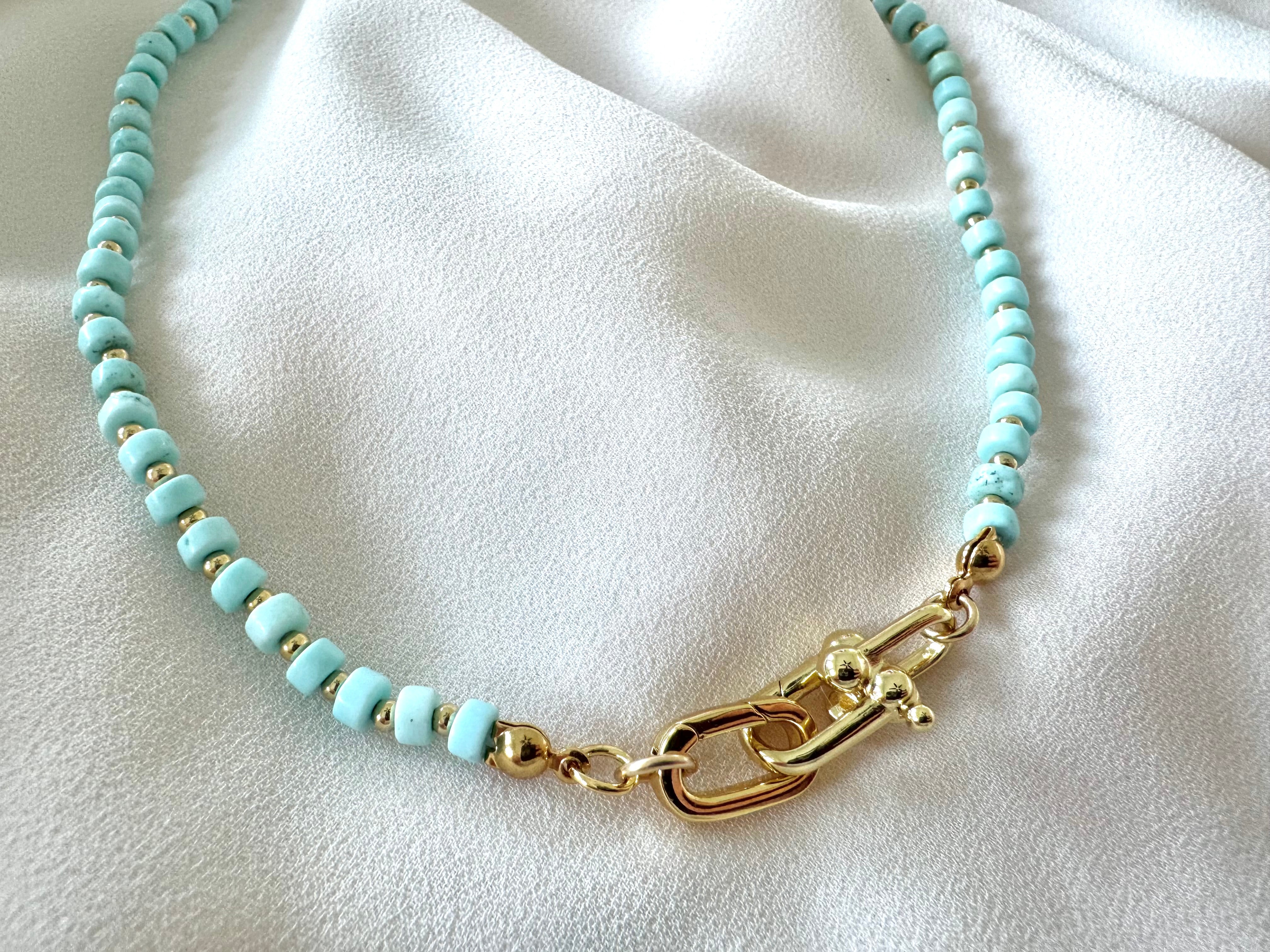 Real Beaded Turquoise Necklace with Large Gold Filled Clasp - December Birthstone