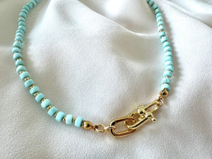 Real Beaded Turquoise Necklace with Large Gold Filled Clasp - December Birthstone