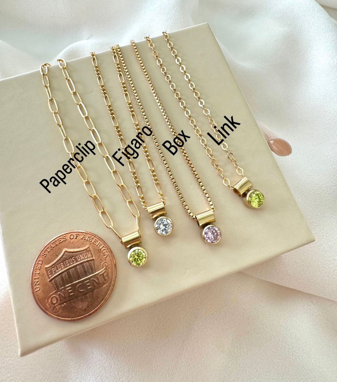 Dainty Gold Filled Birthstone Charm Necklace - Figaro Chain - Box Chain - Peridot August - Rose Quartz October - Crystal April