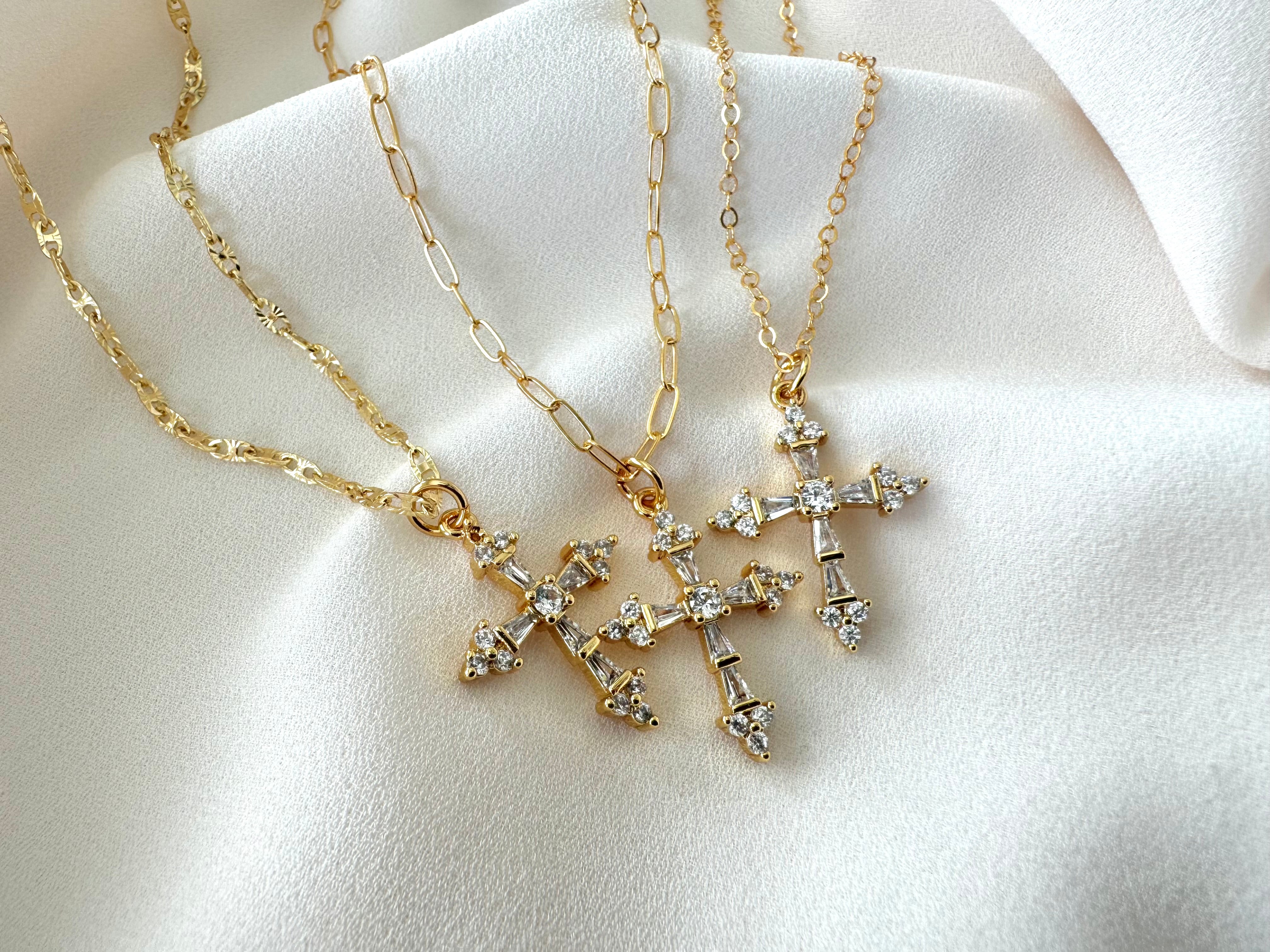 Gold Filled CZ Crystal Cross Pendant Necklace