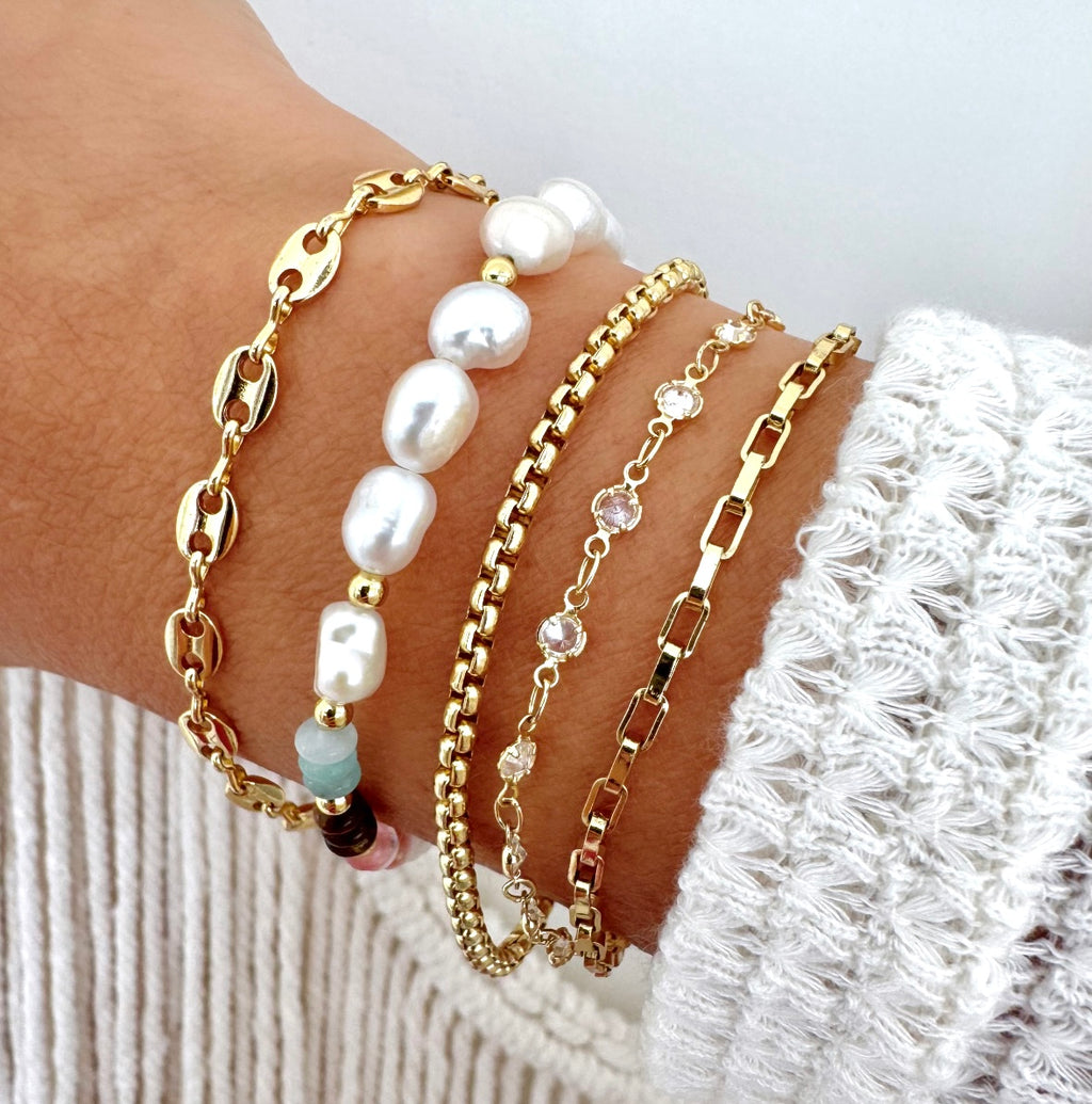 Keshi Pearl + Gemstone Bracelet - Gold Filled Mariner Chain Bracelet - Rolo Bracelet - Paperclip Chain