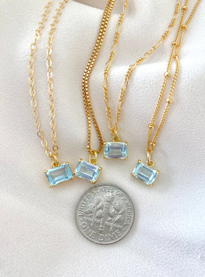 Dainty Aquamarine Pendant Necklace - March Birthstone - Prong Setting - Gold Filled Chain