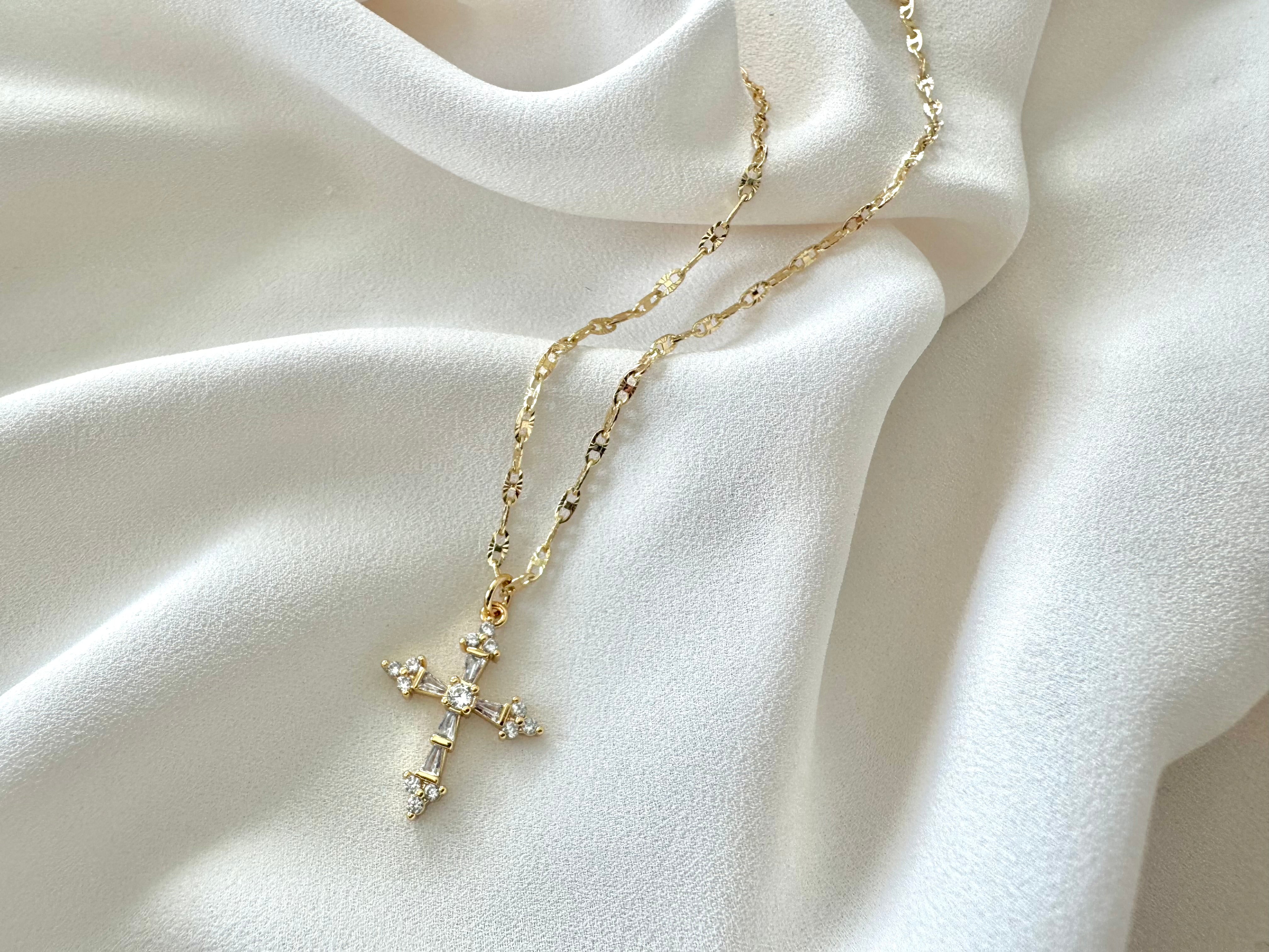 Gold Filled CZ Crystal Cross Pendant Necklace