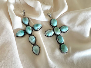 Large Larimar Cross Pendant Necklace - Sterling Silver Snake Box Link Chain - Gift Idea