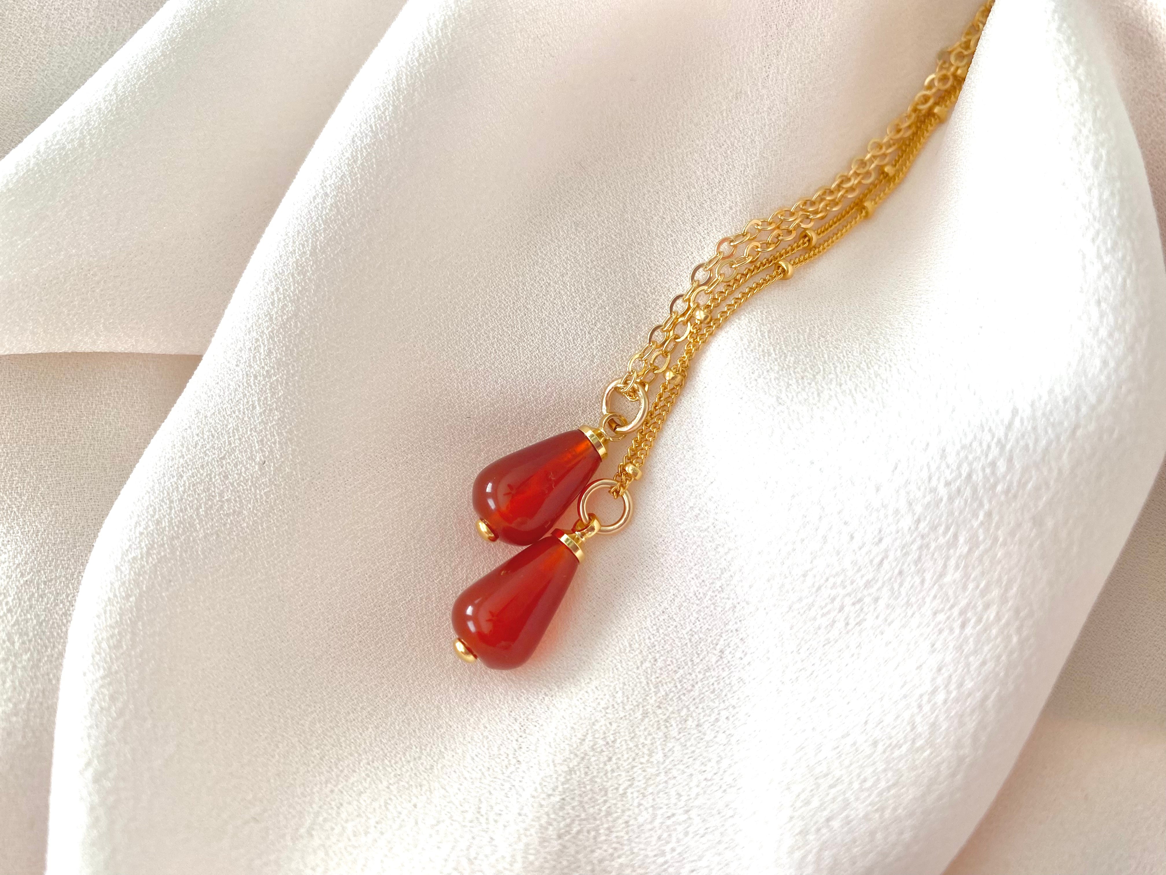 Carnelian Necklace Red Carnelian Gemstone Pendant Gold Filled Figaro Chain Teardrop Shaped Carnelian Orange Crystal Necklace Christmas Gift