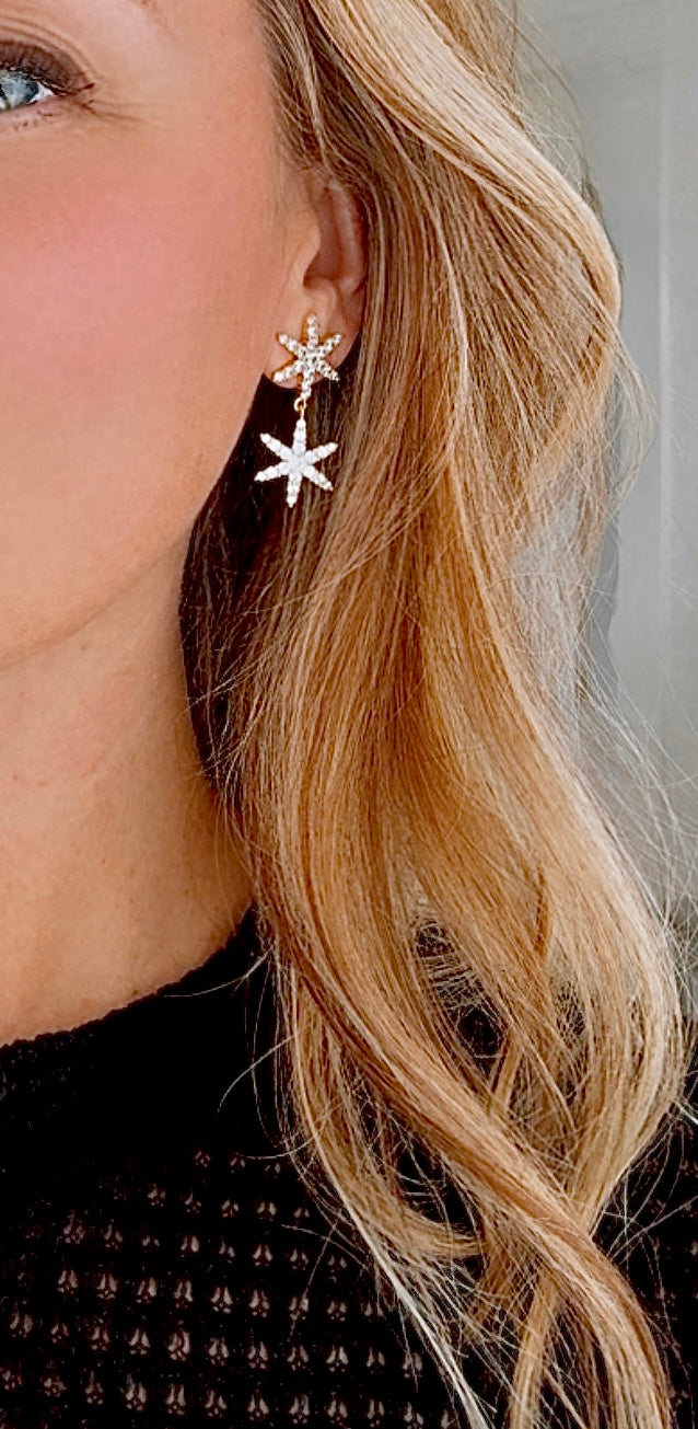 Gold Filled Micro Pave Dangle Drop Star Earrings - Cocktail Party Holiday Jewelry