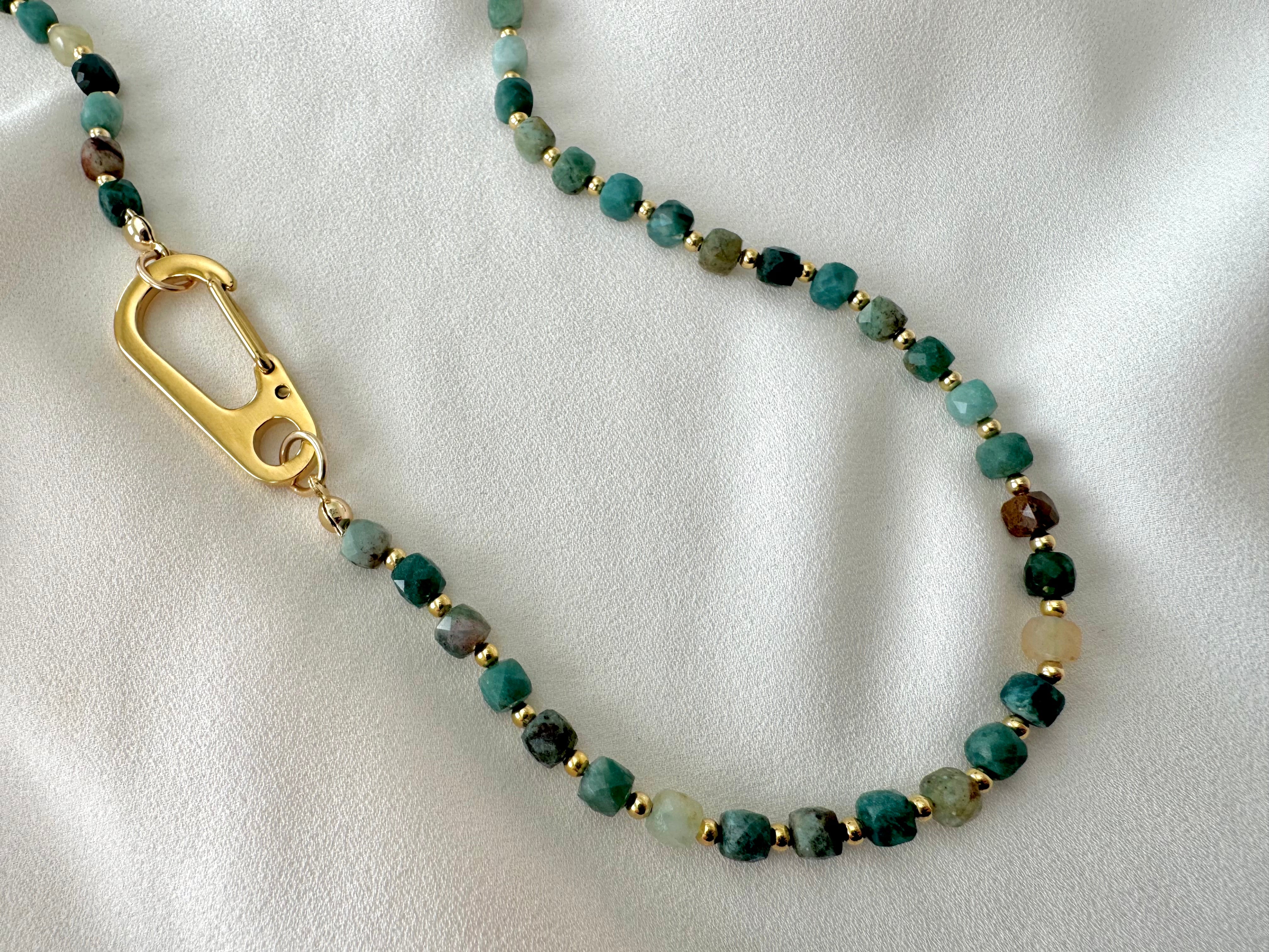 Genuine Moss Agate Beaded Necklace with Large Gold Carabiner Charm Clasp